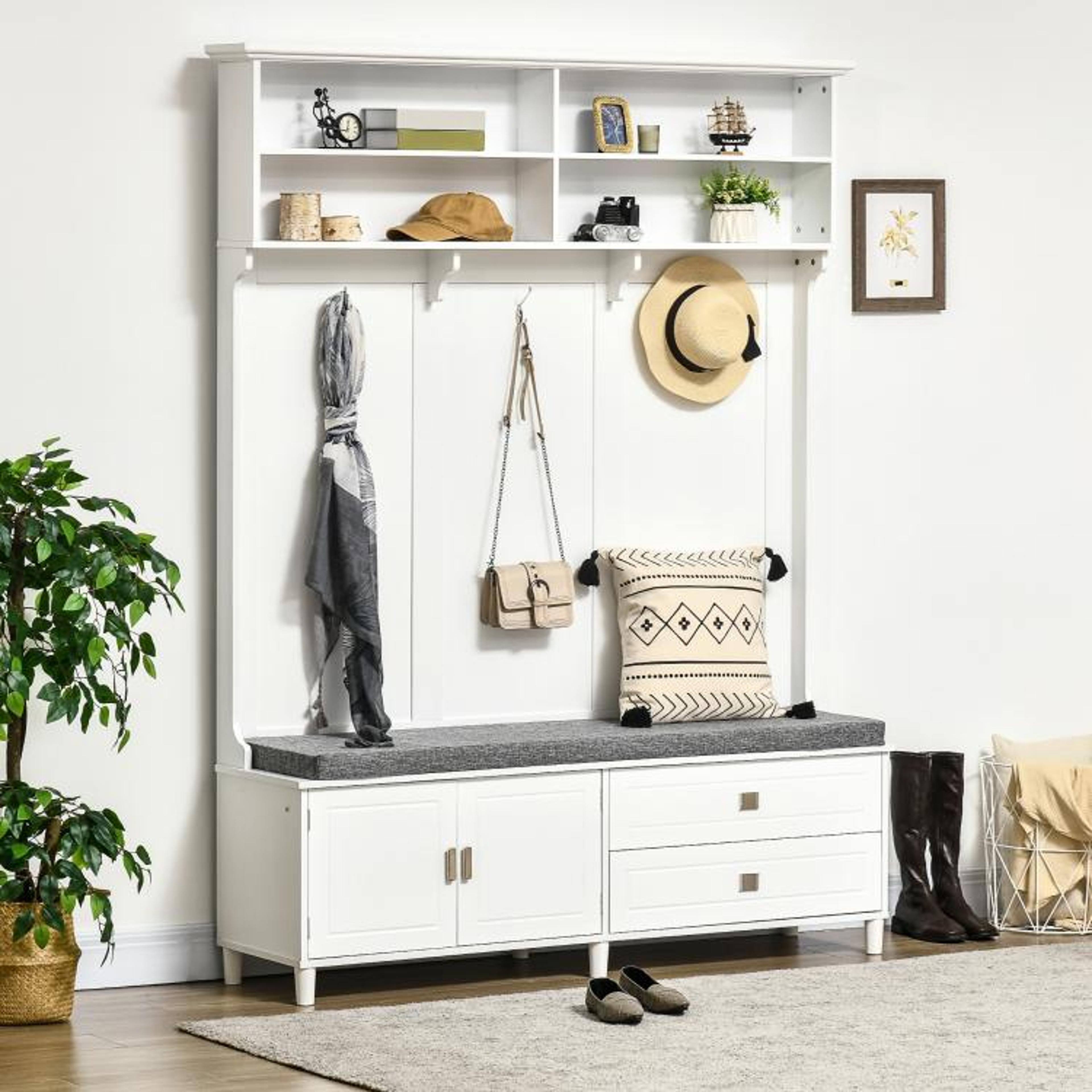 White Hall Tree With Storage Bench Coat Rack Drawers And Shelves 2