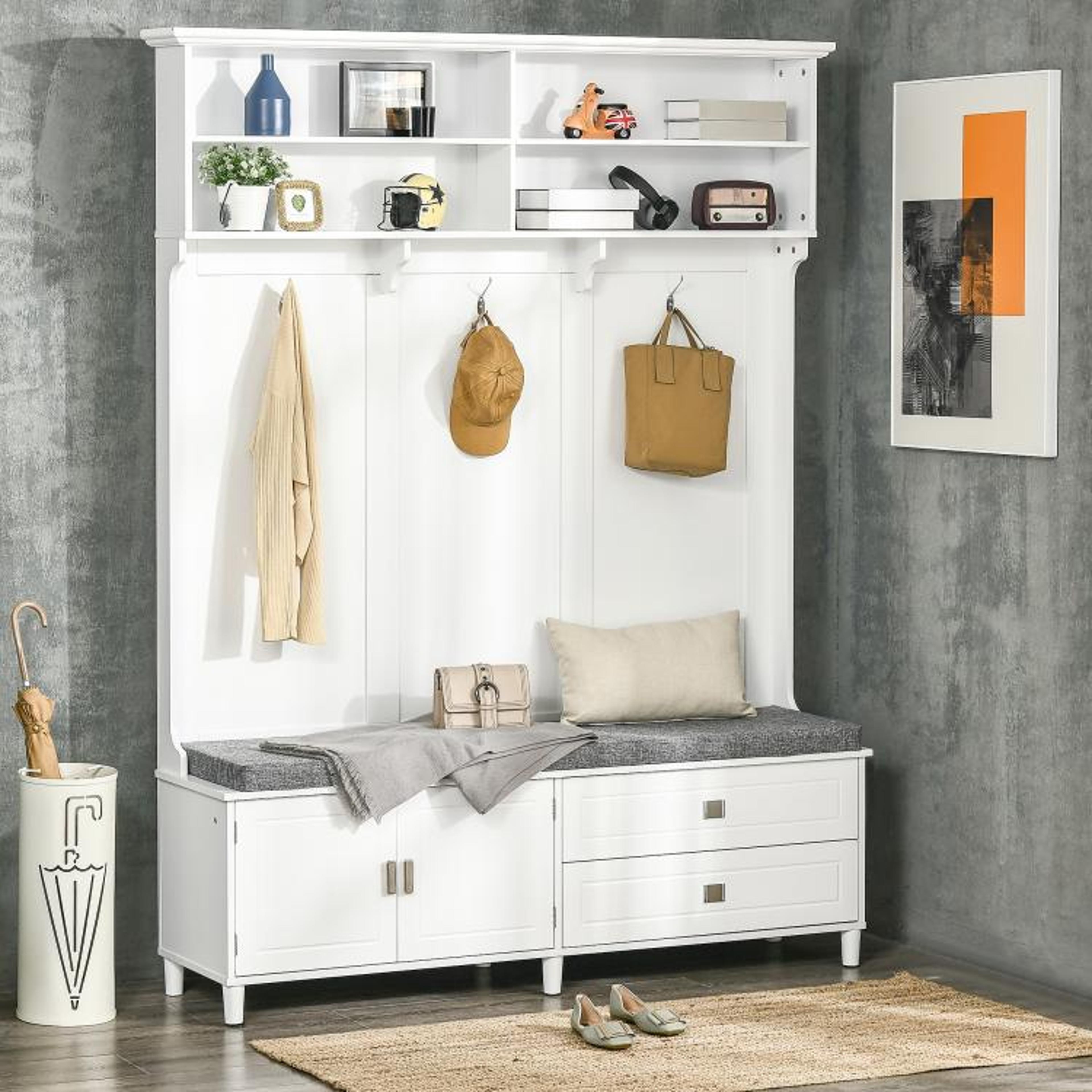 White Hall Tree With Storage Bench Coat Rack Drawers And Shelves 4