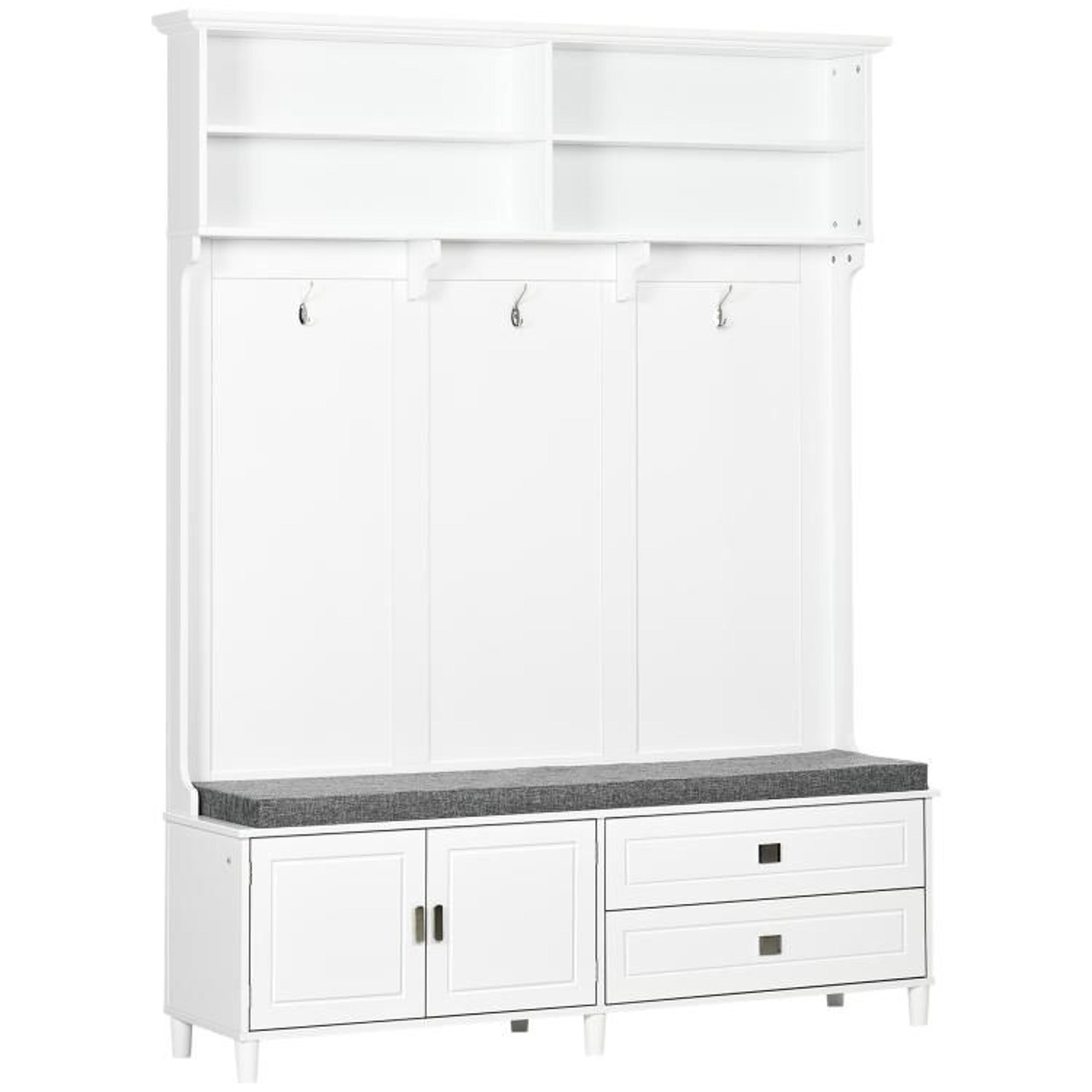 White Hall Tree With Storage Bench Coat Rack Drawers And Shelves 0