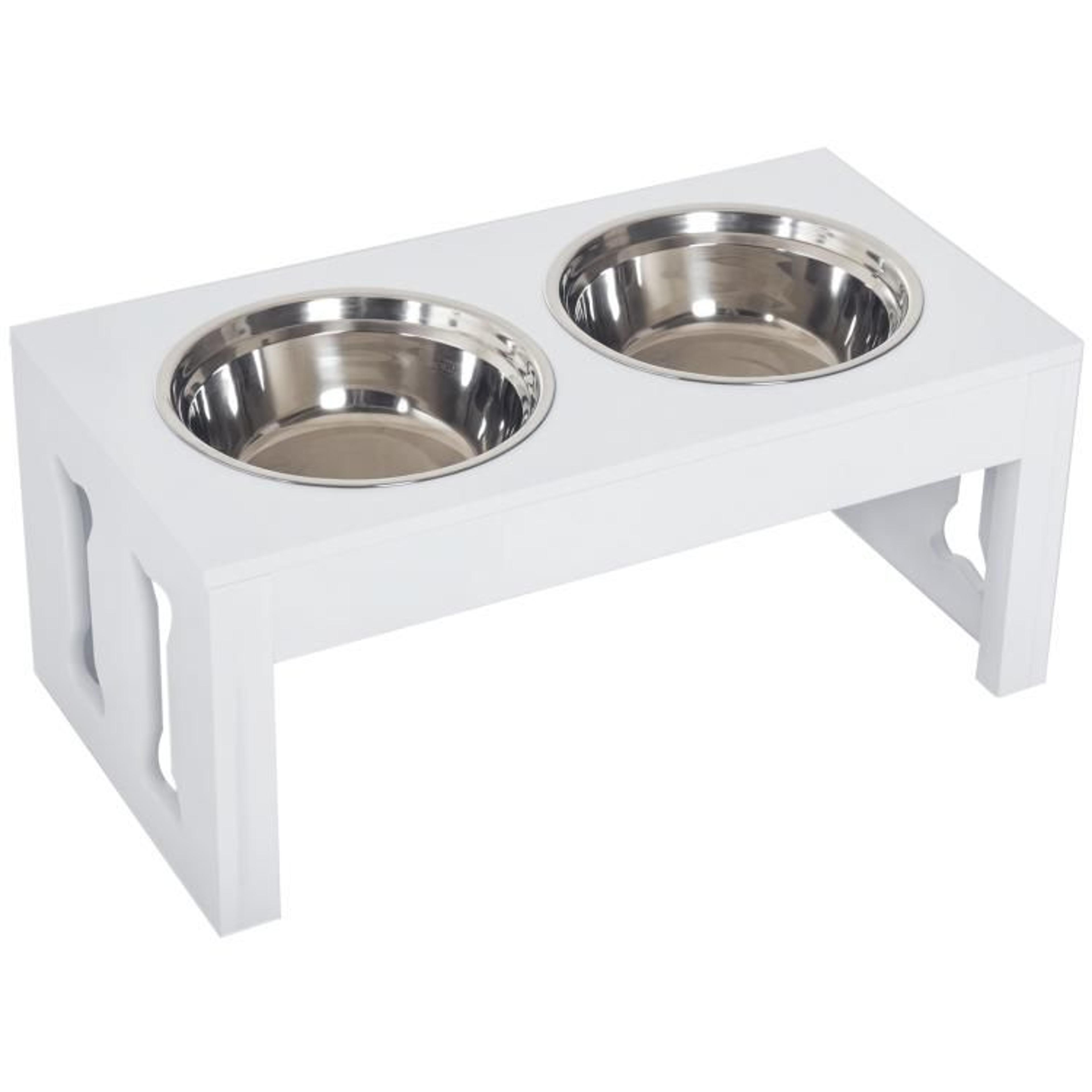 elevated dog bowl stand with 2 stainless steel bowls and white wooden frame