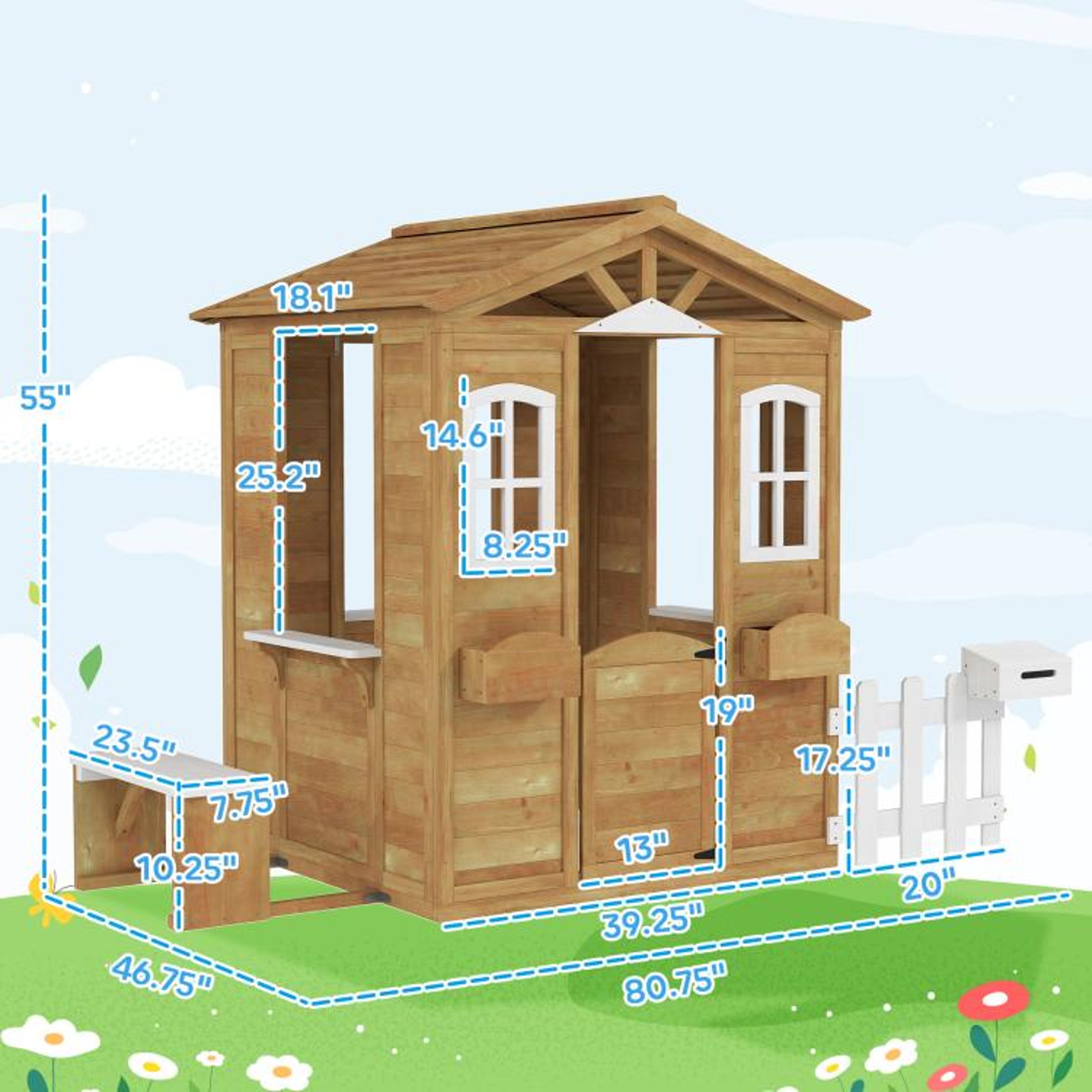 Outdoor Wooden Playhouse For Kids Ages 36 With Windows Mailbox And Bench 4