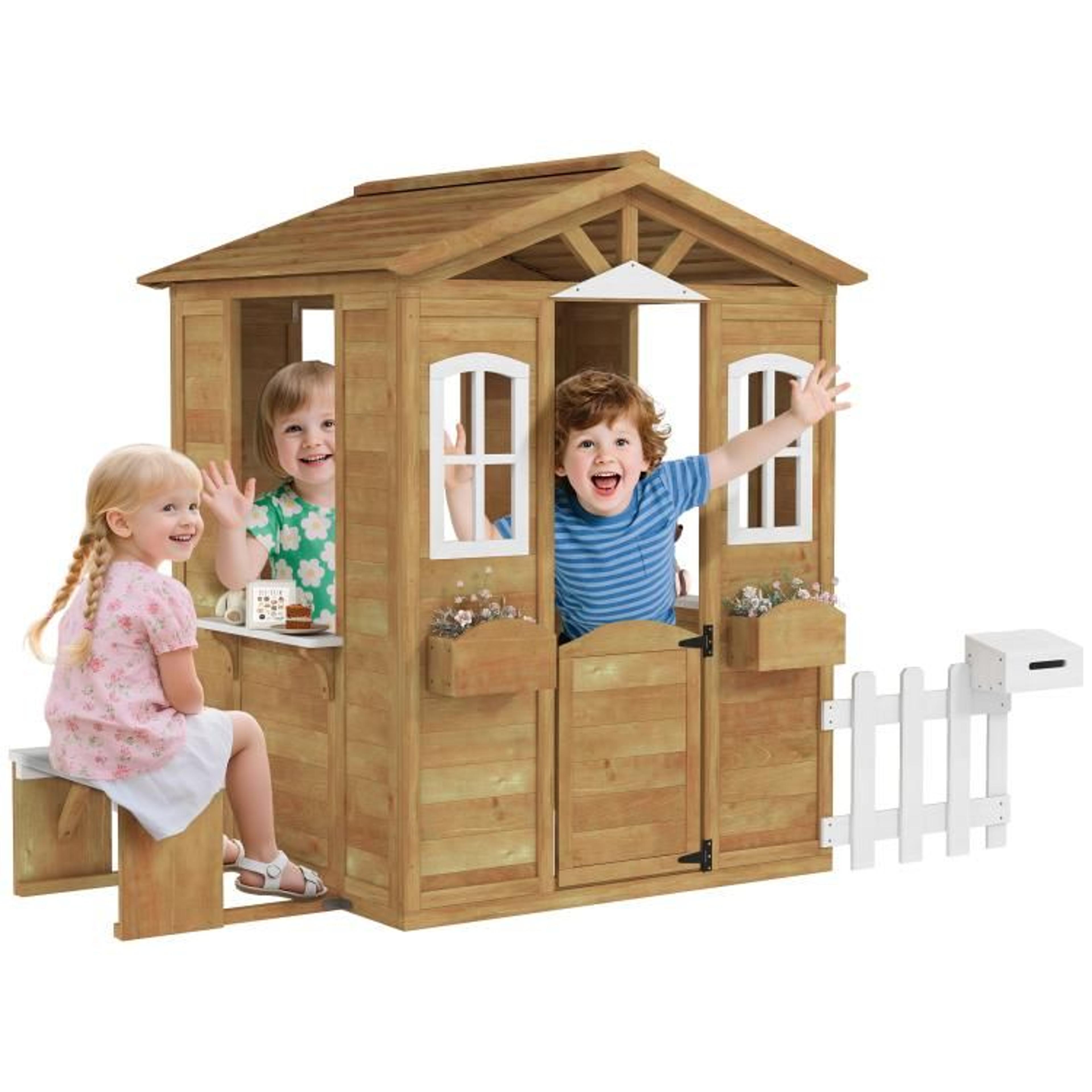 outdoor wooden playhouse for kids ages 3–6 with windows mailbox and bench
