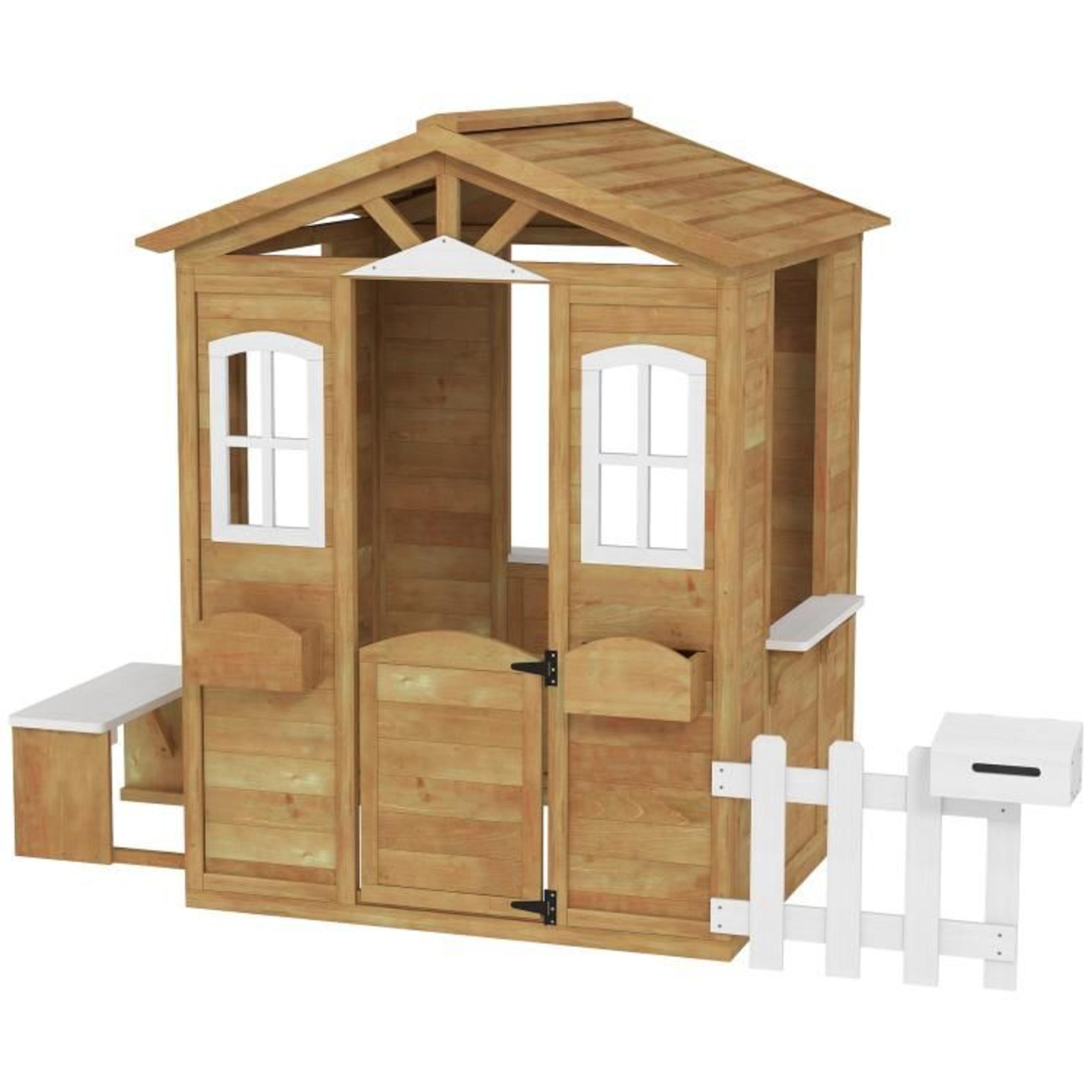 Outdoor Wooden Playhouse For Kids Ages 36 With Windows Mailbox And Bench 1