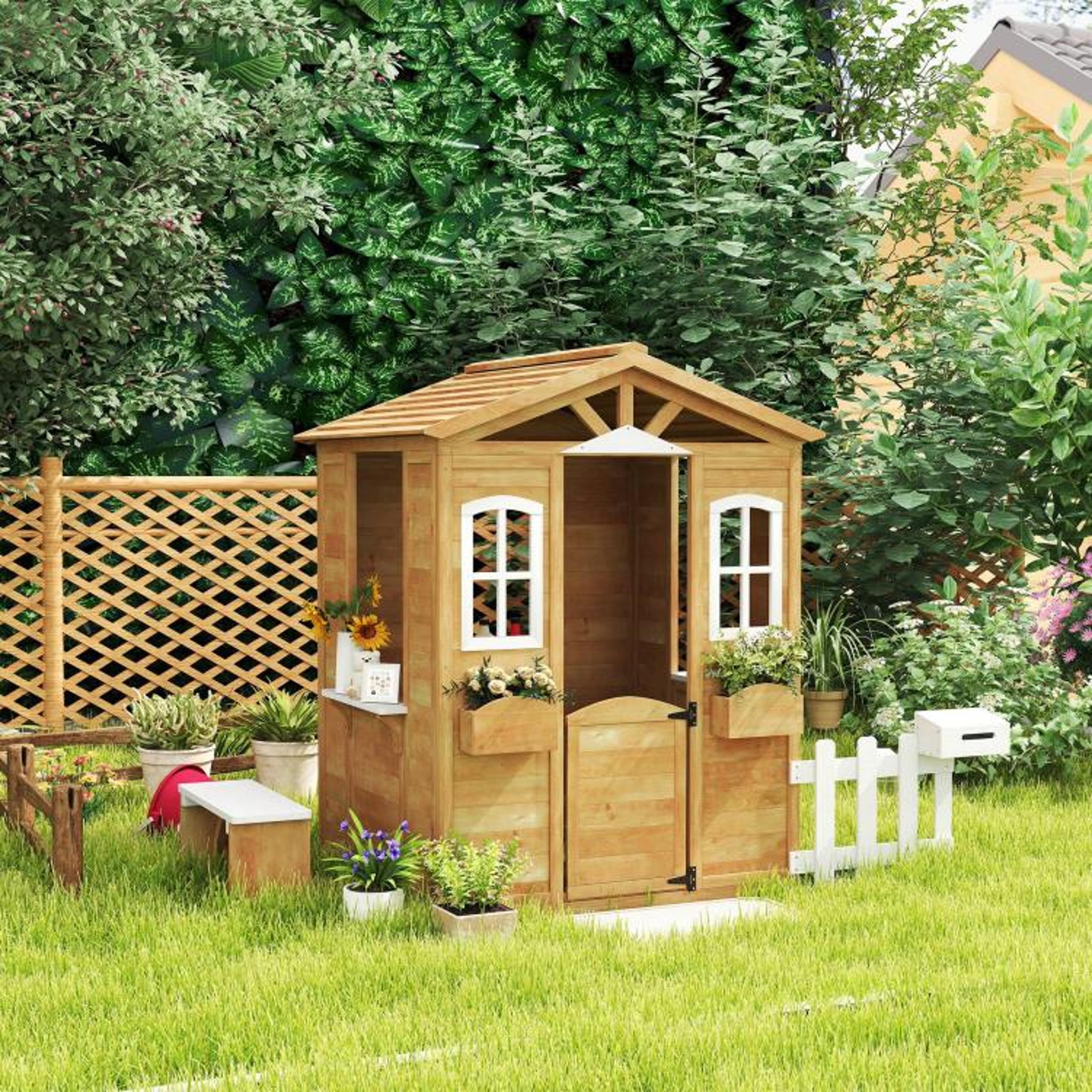 Outdoor Wooden Playhouse For Kids Ages 36 With Windows Mailbox And Bench 3