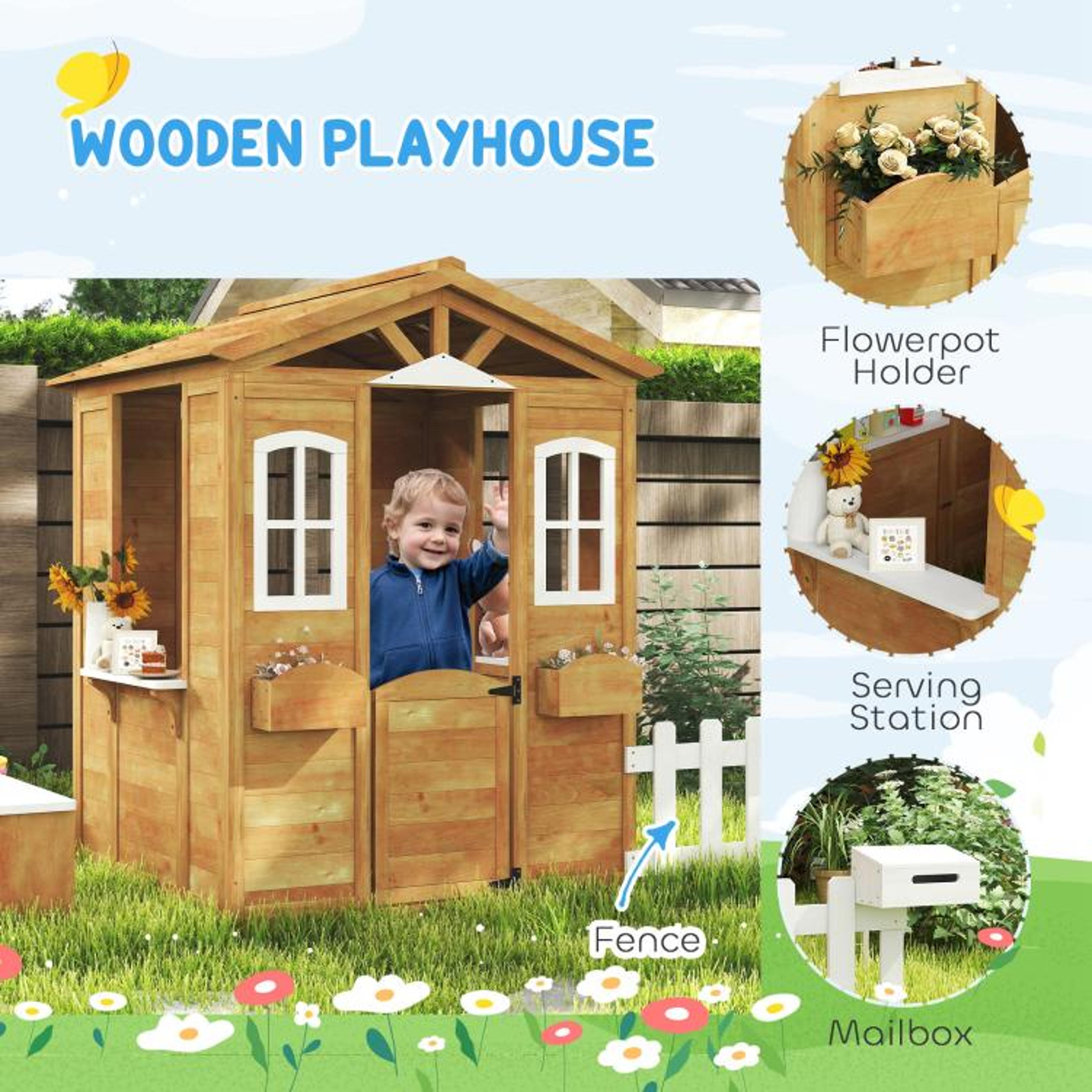 Outdoor Wooden Playhouse For Kids Ages 36 With Windows Mailbox And Bench 6