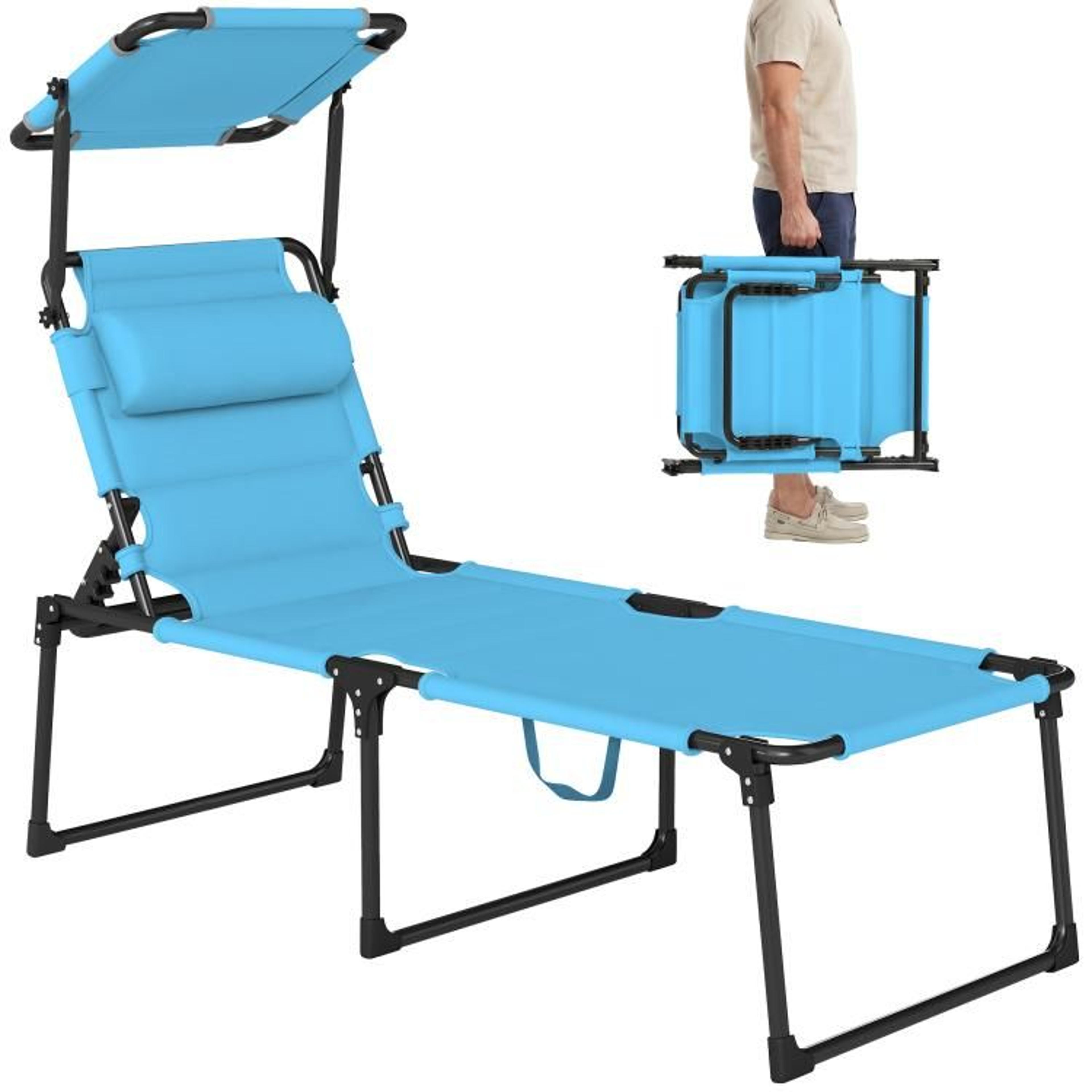 outdoor folding lounge chair with adjustable sun shade and 4-position backrest  blue