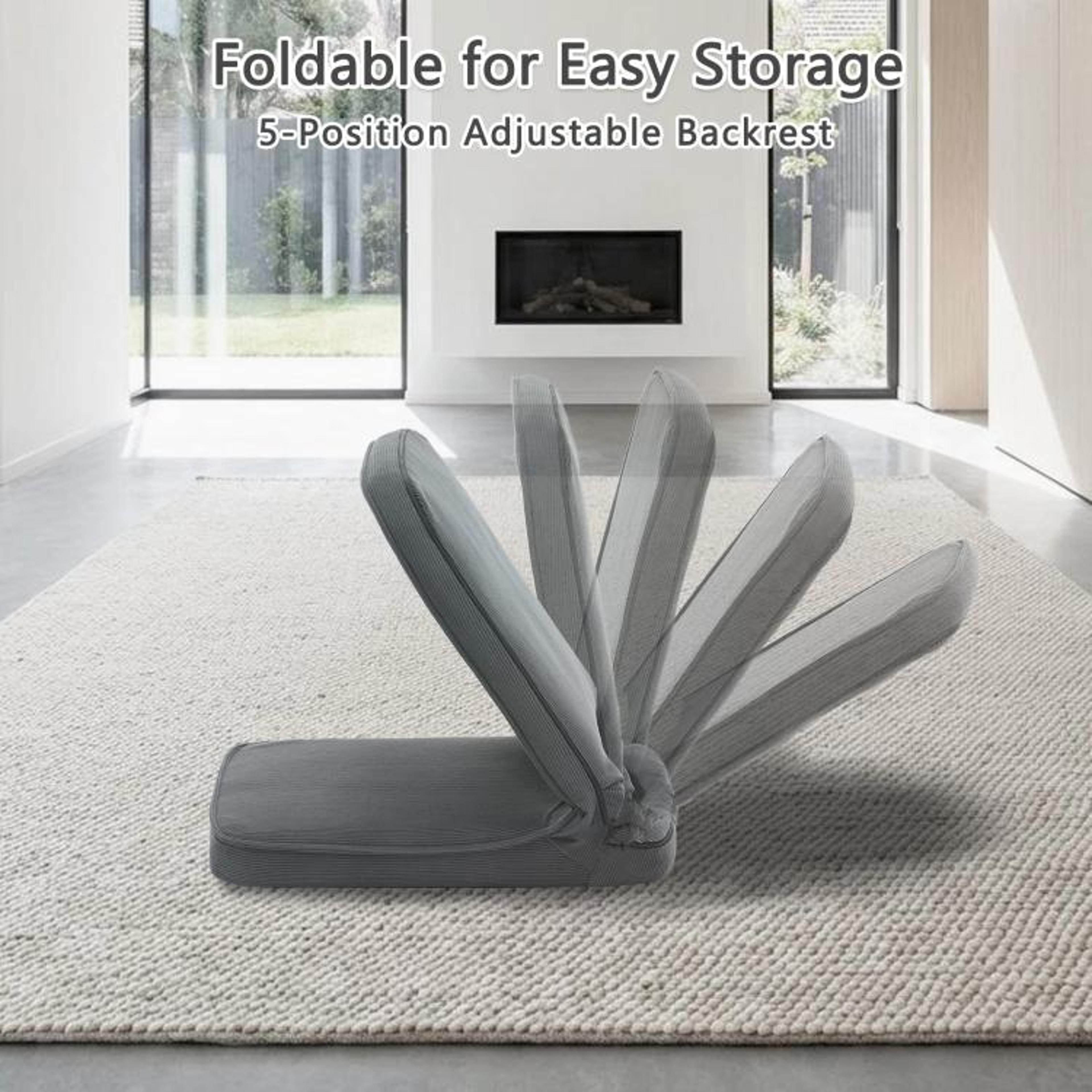 Adjustable Foldable Floor Chair With Padded Corduroy Back Support Gray 4