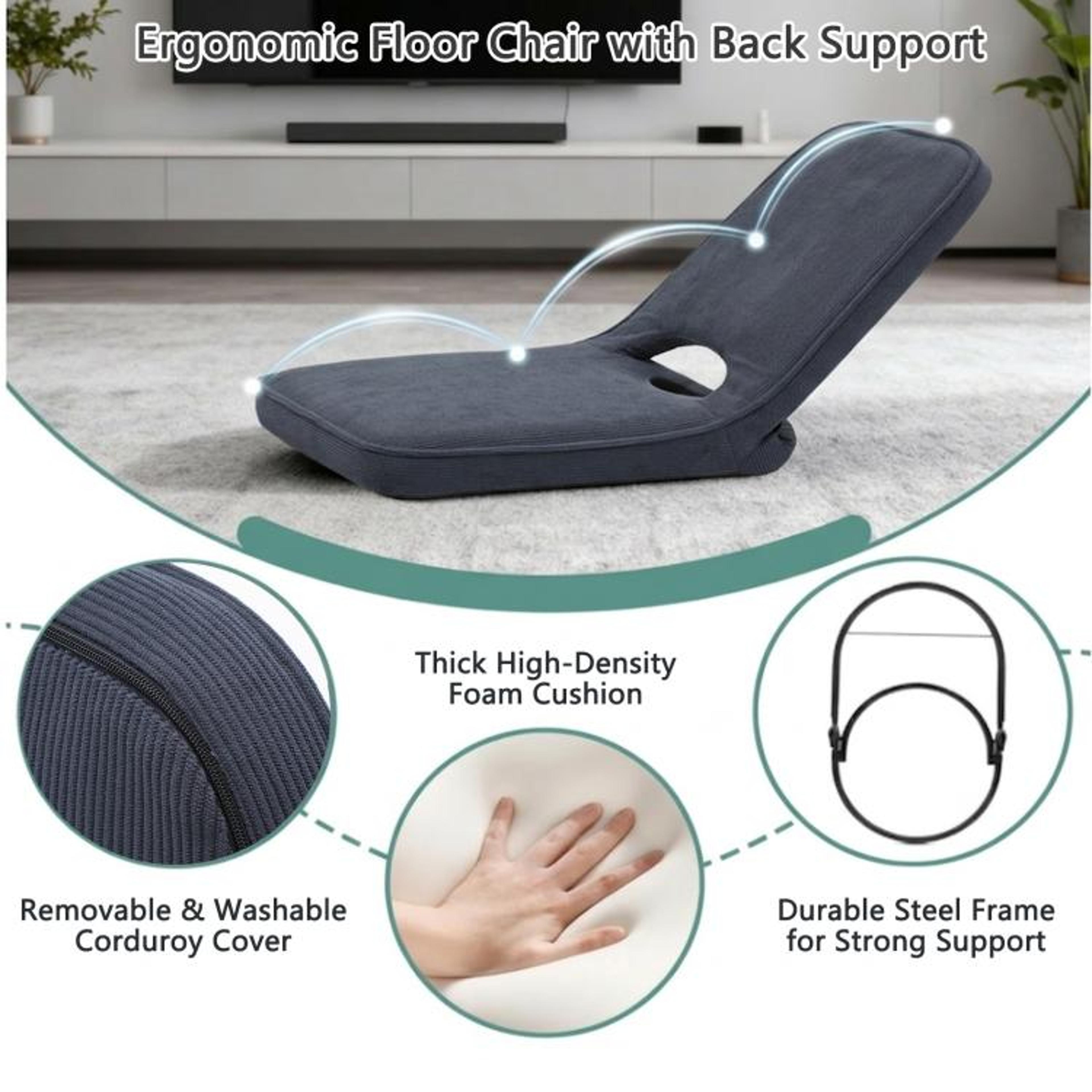 Adjustable Foldable Floor Chair With Padded Corduroy Back Support Gray 1