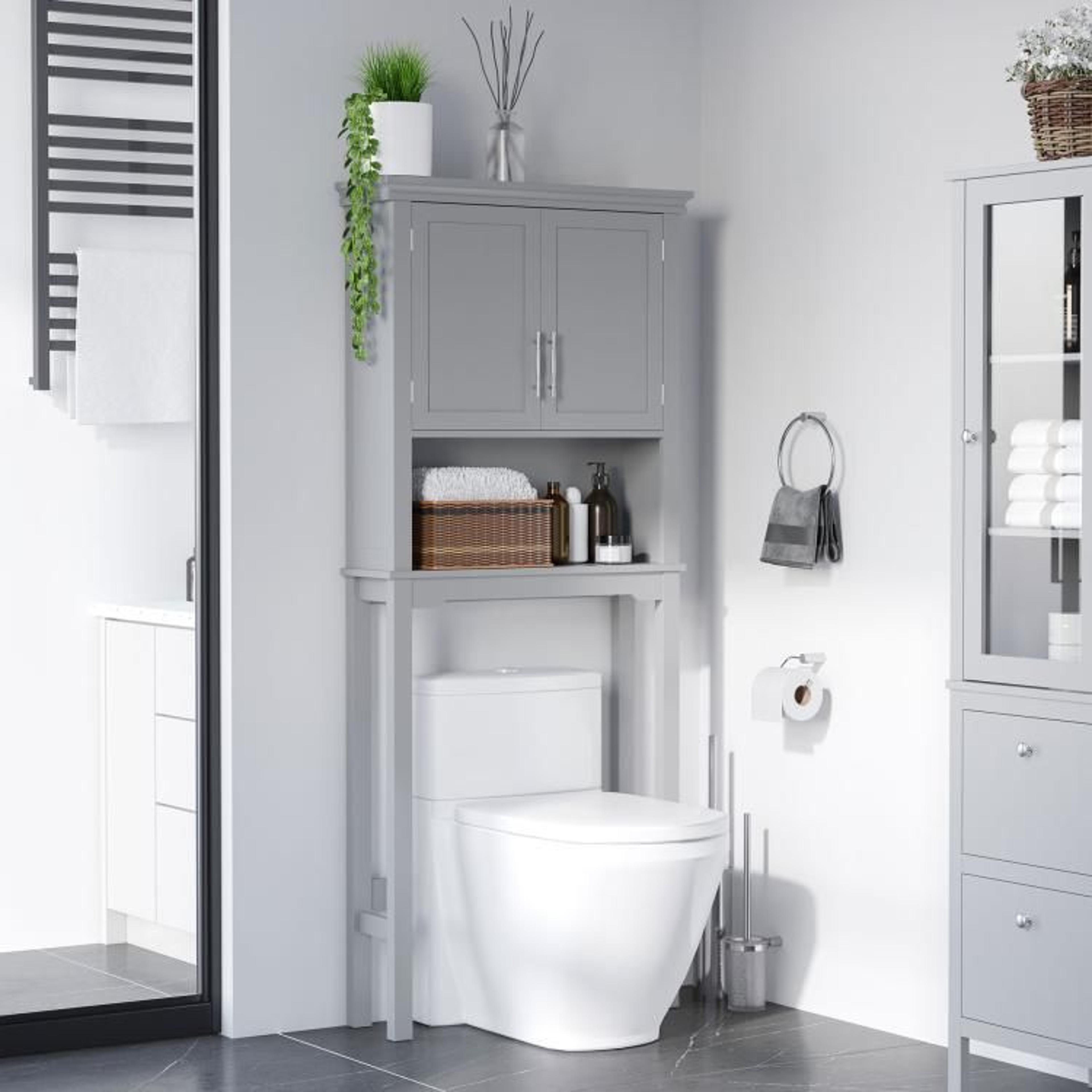 Over The Toilet Storage Cabinet With Adjustable Shelf  Double Doors  Gray 4
