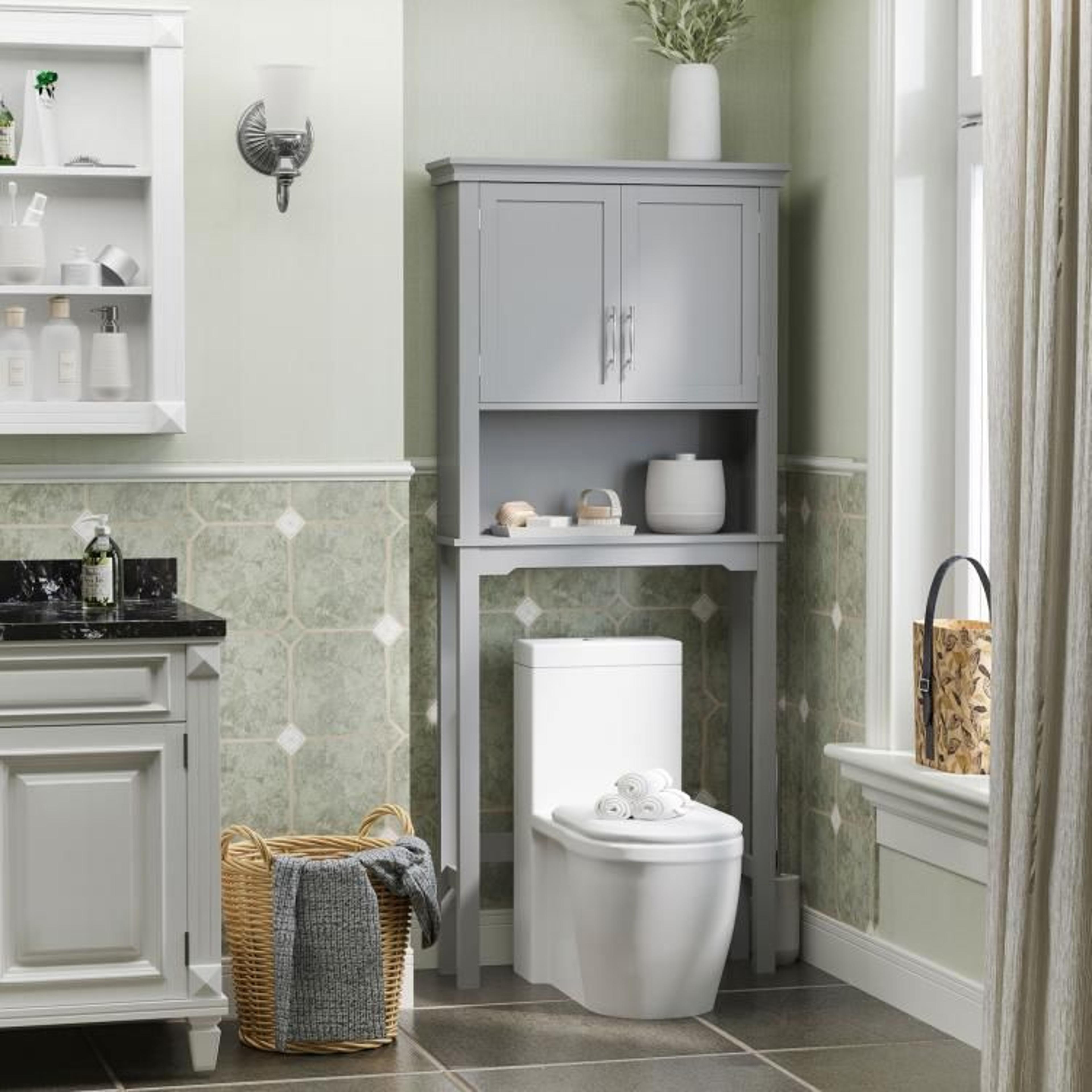 Over The Toilet Storage Cabinet With Adjustable Shelf  Double Doors  Gray 3