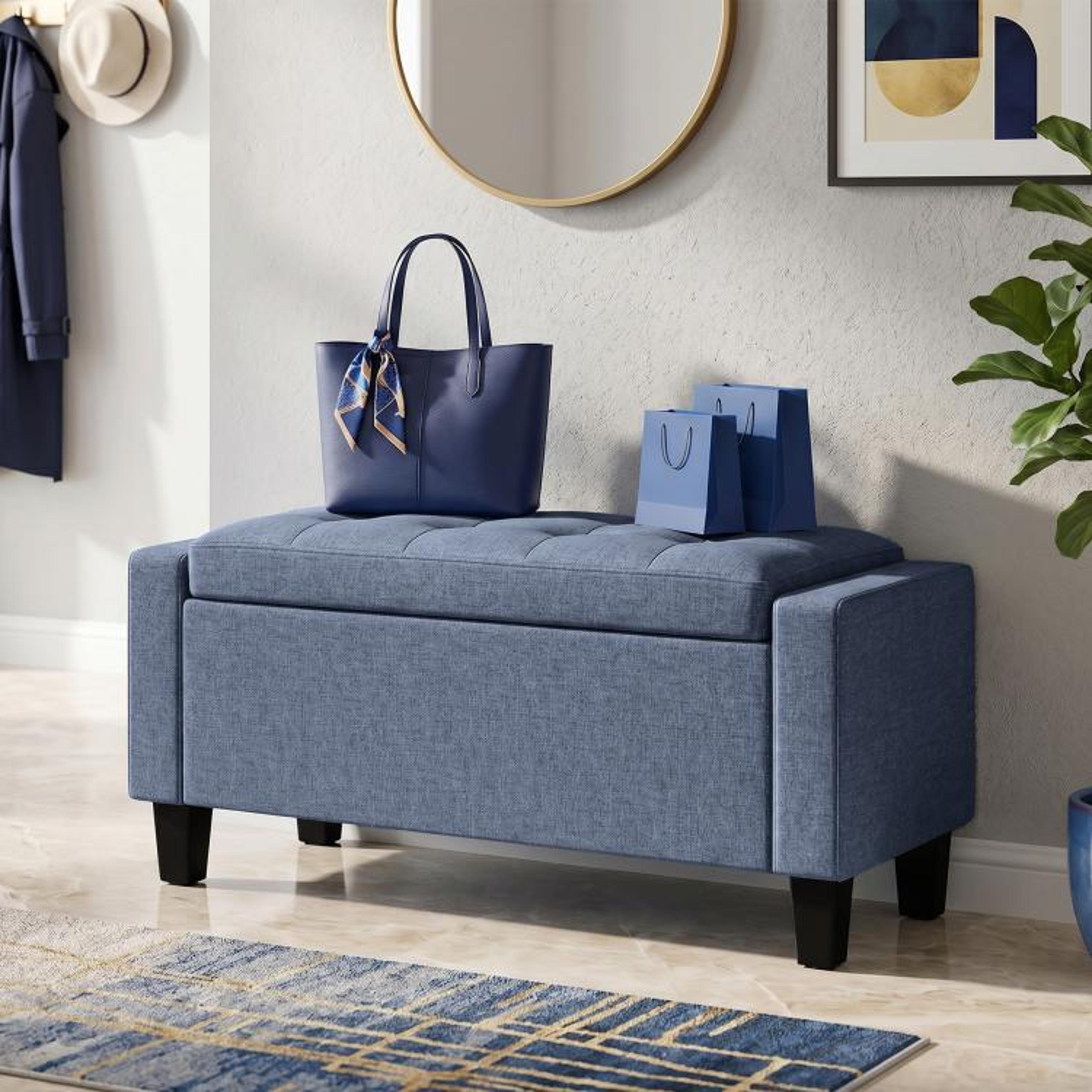 Dark Gray Storage Ottoman Bench With Tufted Armrests And Wooden Legs 2