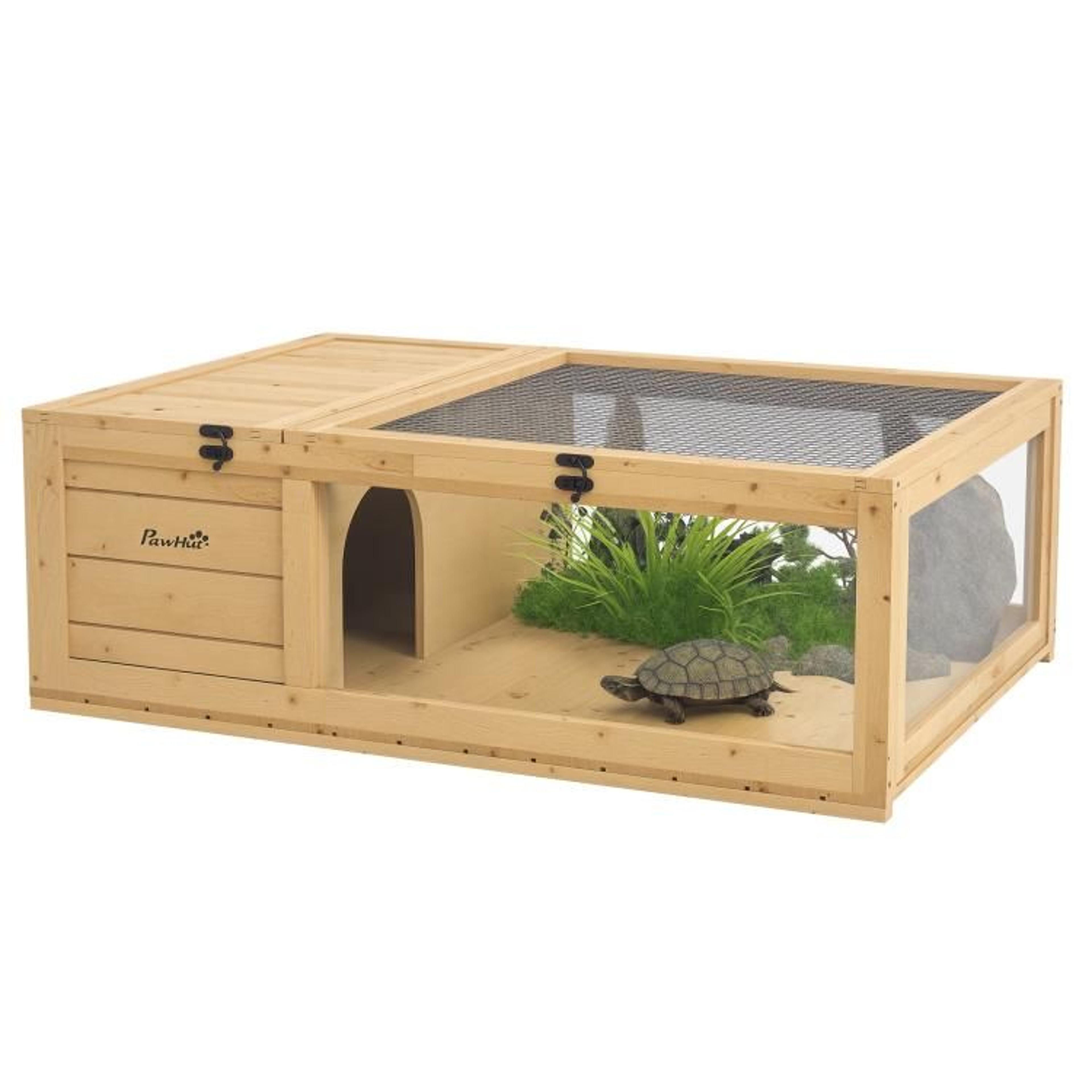 wooden reptile cage with top access and two-room turtle habitat
