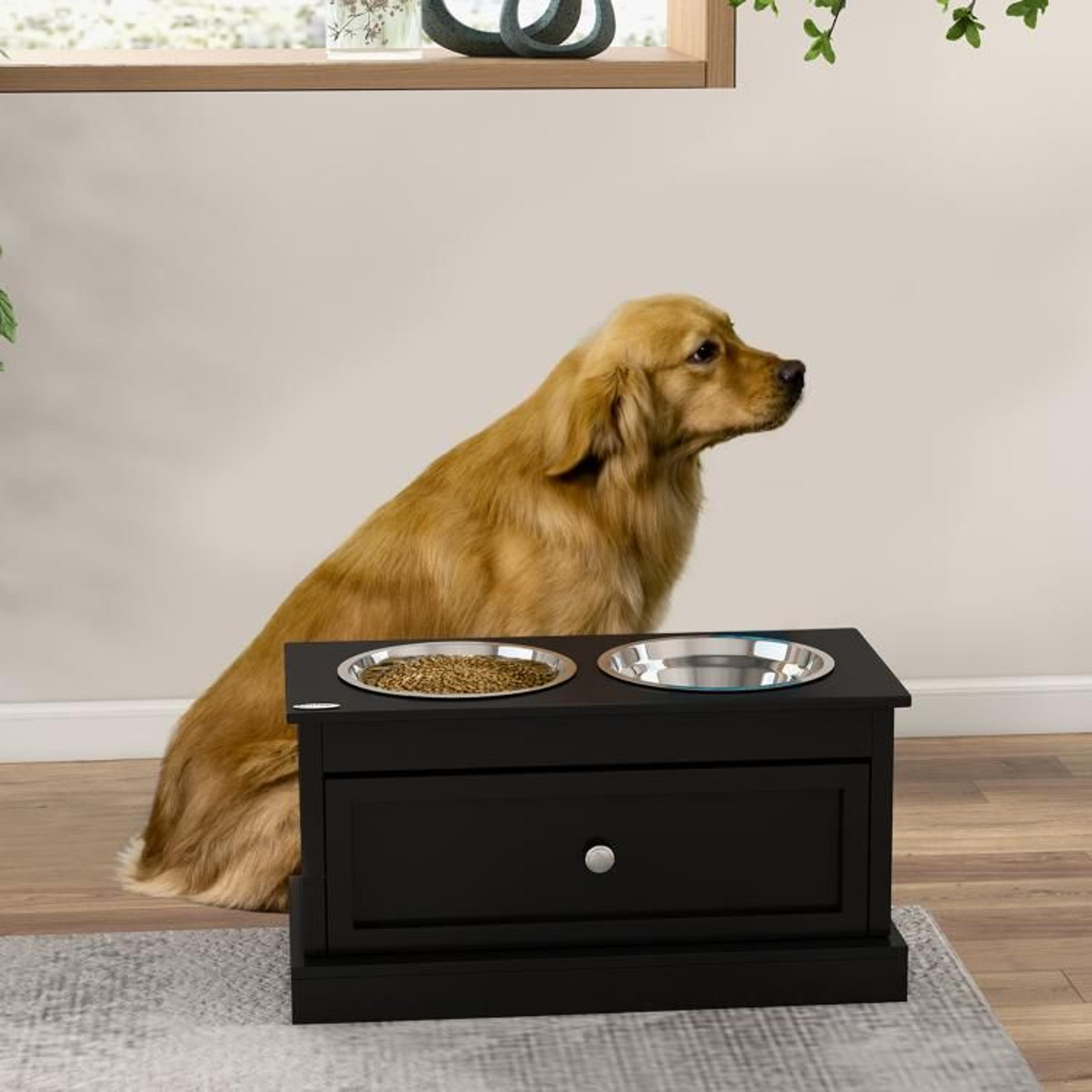 Elevated Dog Bowls With Storage Drawer And Stainless Steel Bowls  Black 2