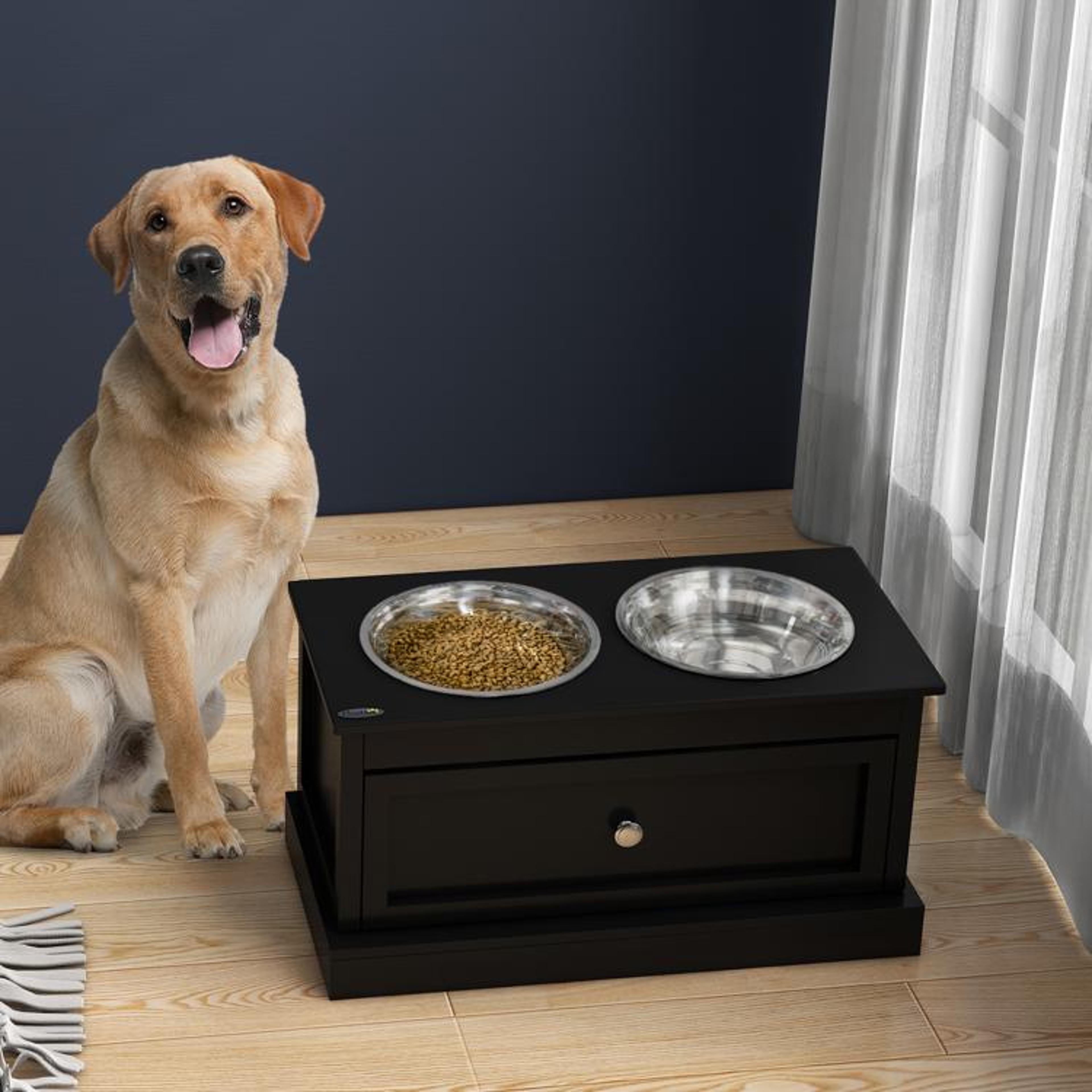 Elevated Dog Bowls With Storage Drawer And Stainless Steel Bowls  Black 3