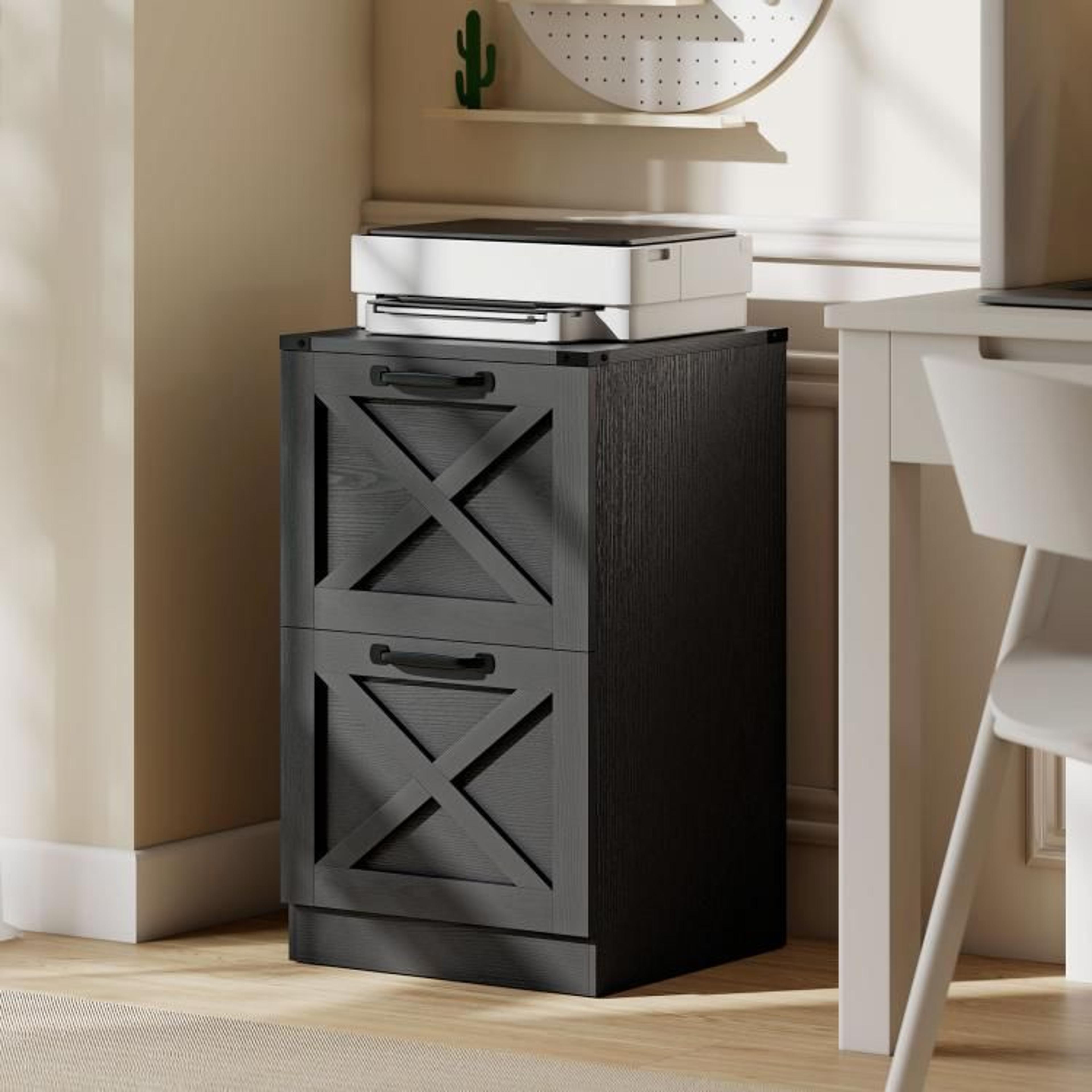 2Drawer Farmhouse File Cabinet With XPattern Design And Printer Stand 3