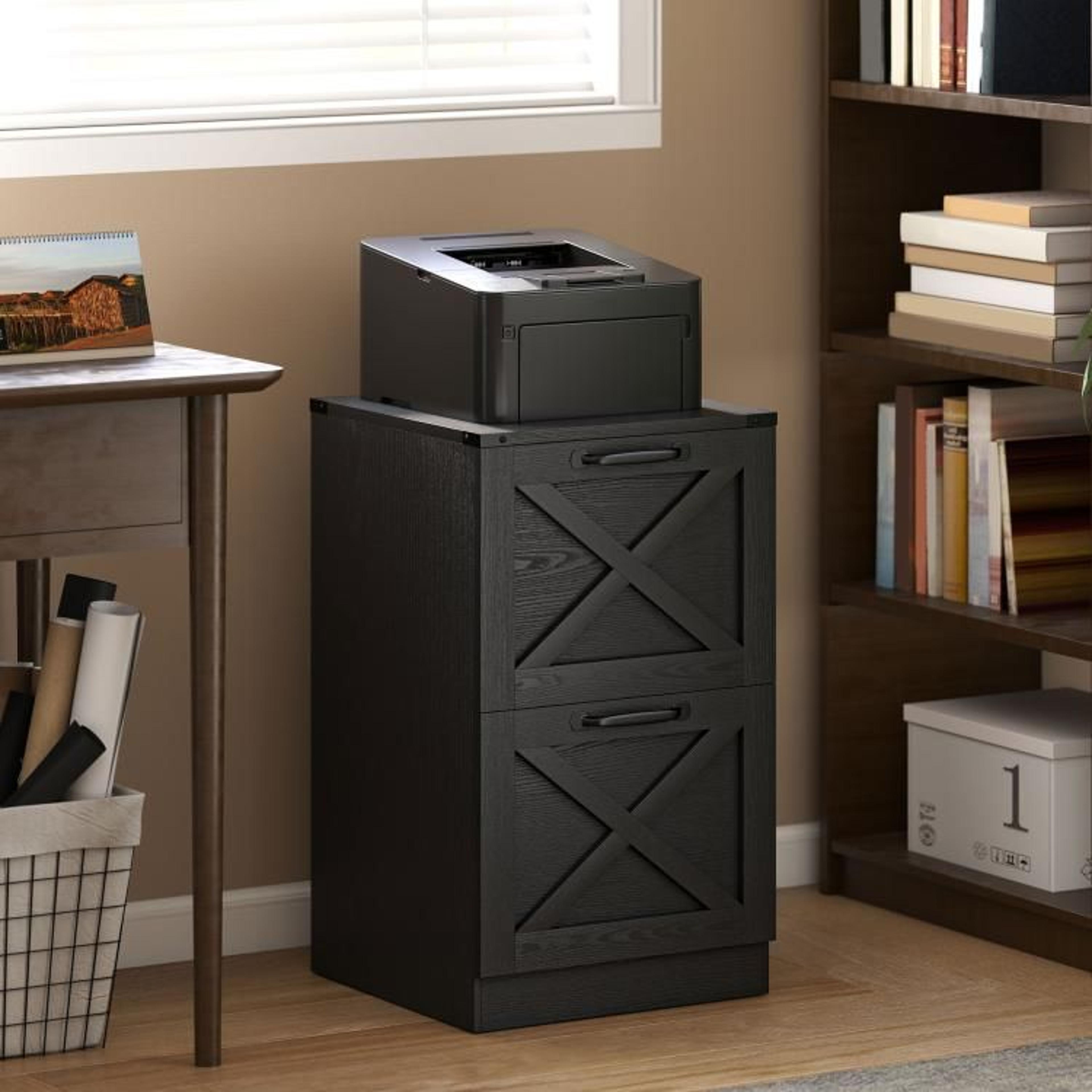2Drawer Farmhouse File Cabinet With XPattern Design And Printer Stand 2
