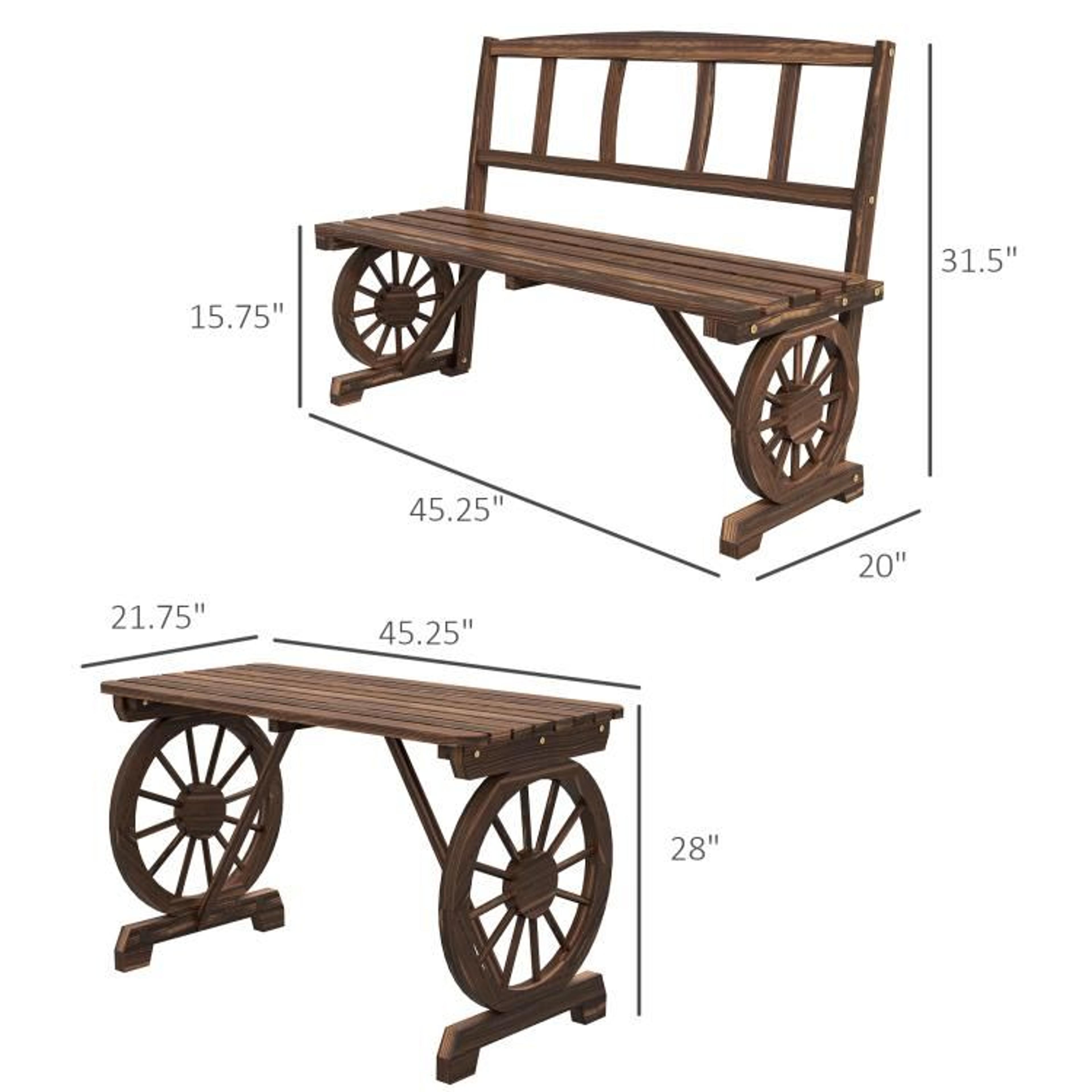 Rustic Wagon Wheel Patio Dining Set For 4 With Pine Wood Benches 4