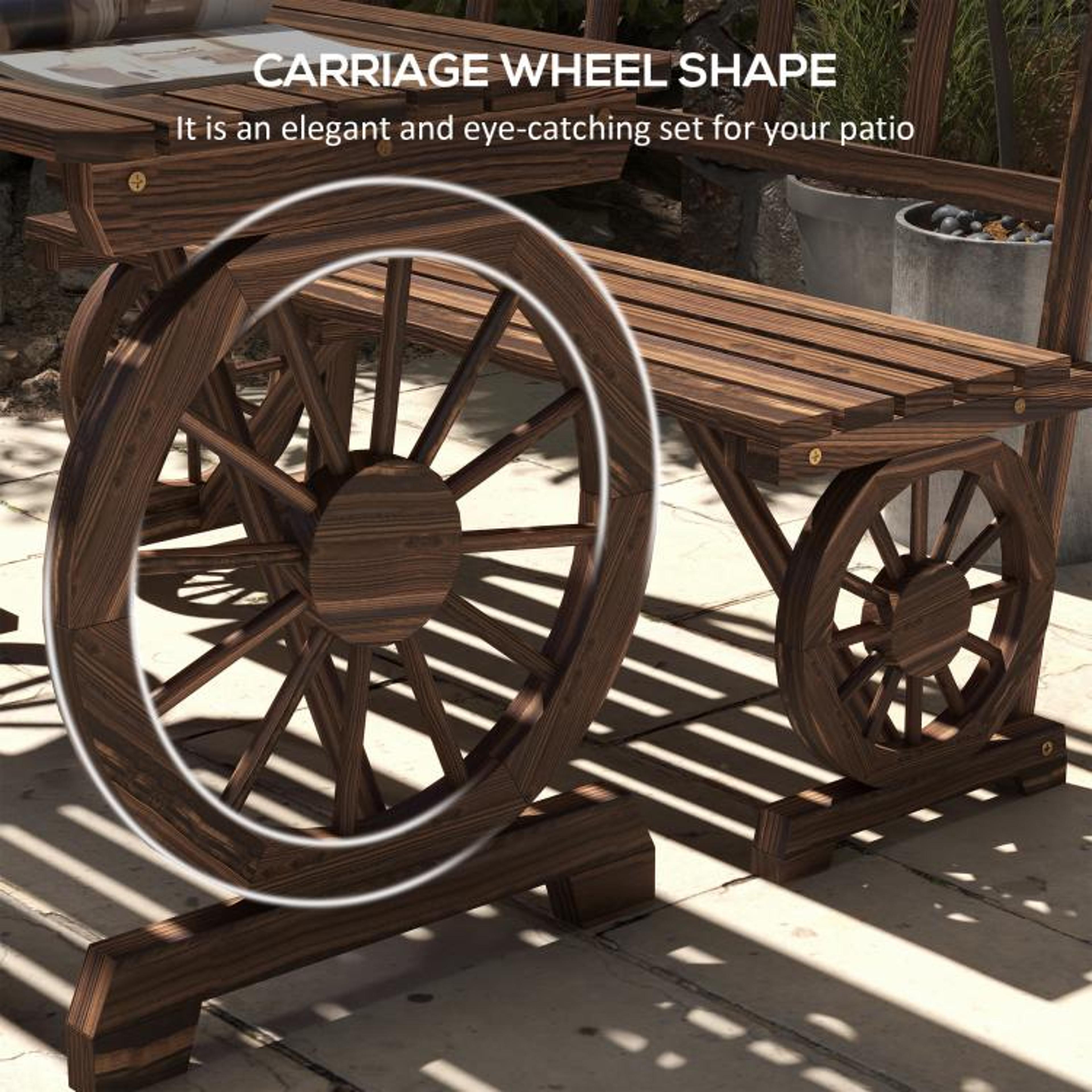 Rustic Wagon Wheel Patio Dining Set For 4 With Pine Wood Benches 5