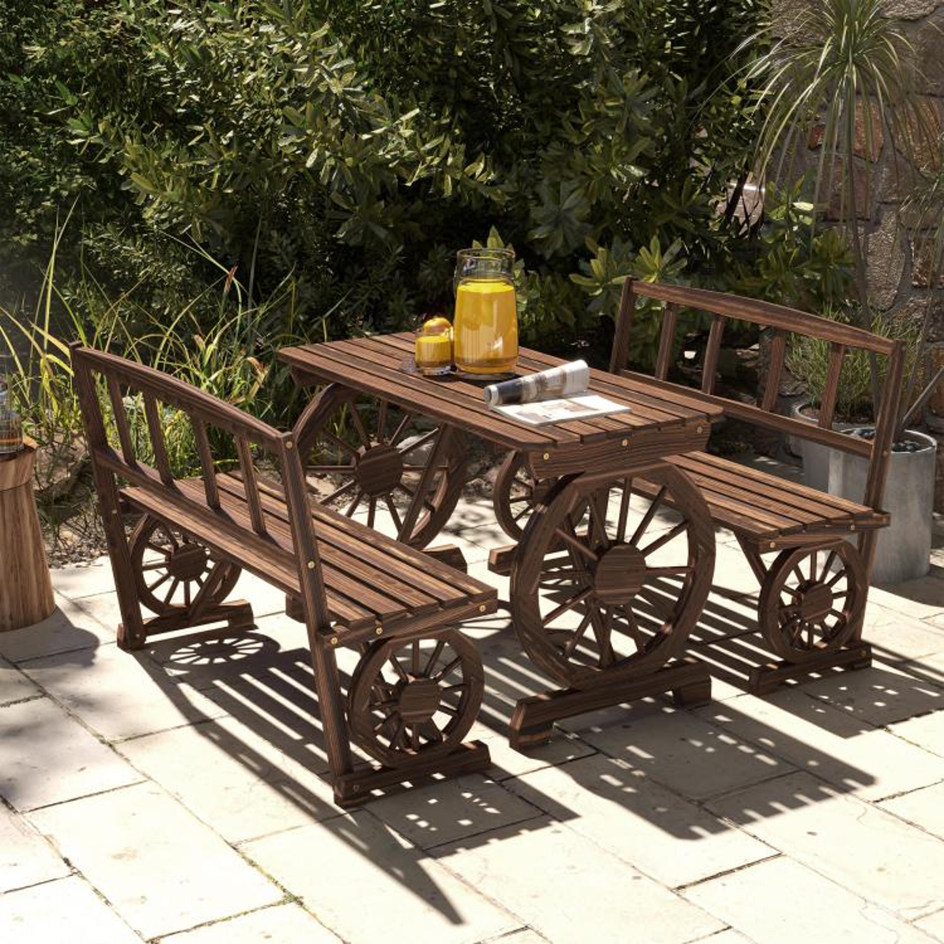 Rustic Wagon Wheel Patio Dining Set For 4 With Pine Wood Benches 1