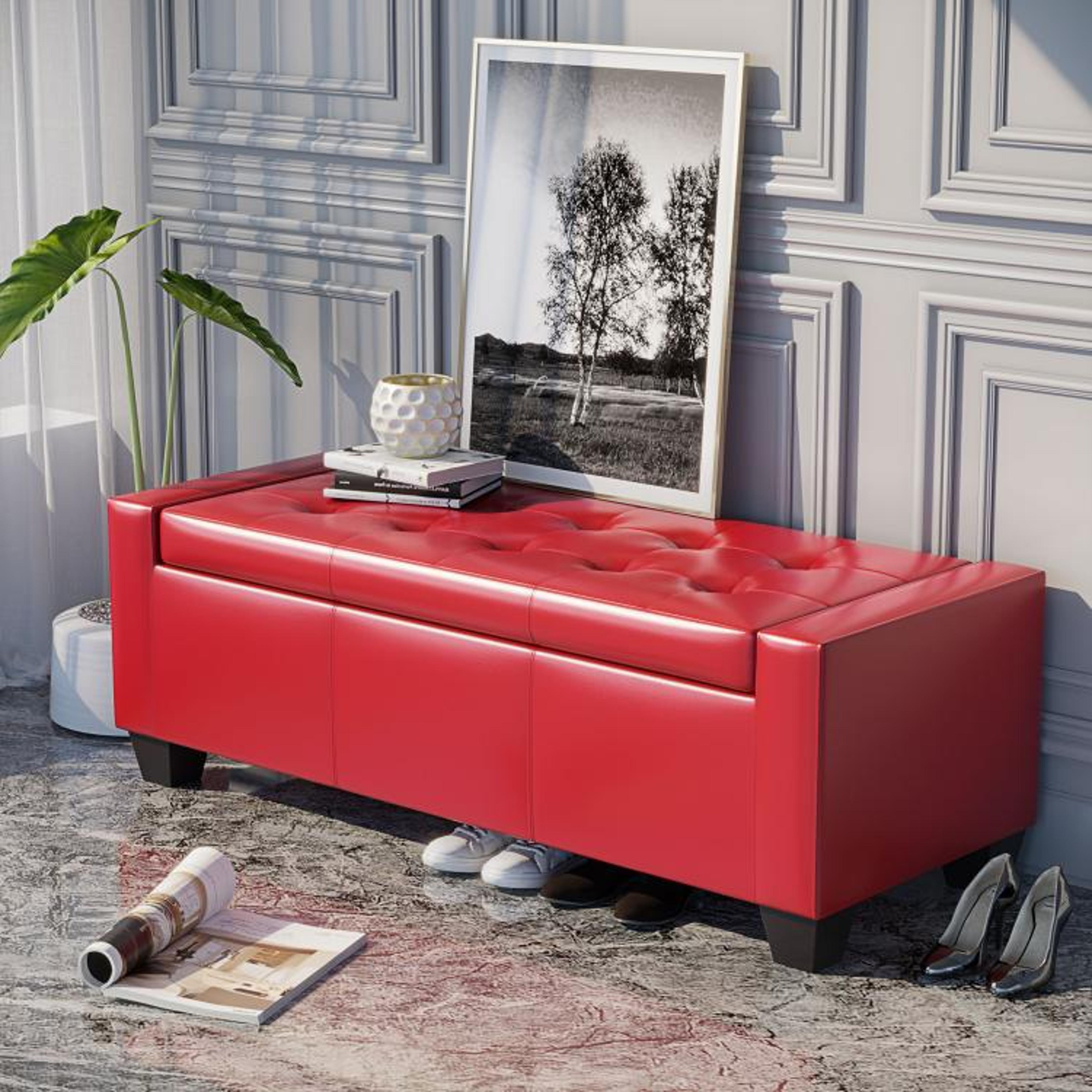 505Inch Faux Leather Storage Ottoman Bench With Tufted Seat In Bright Red 2