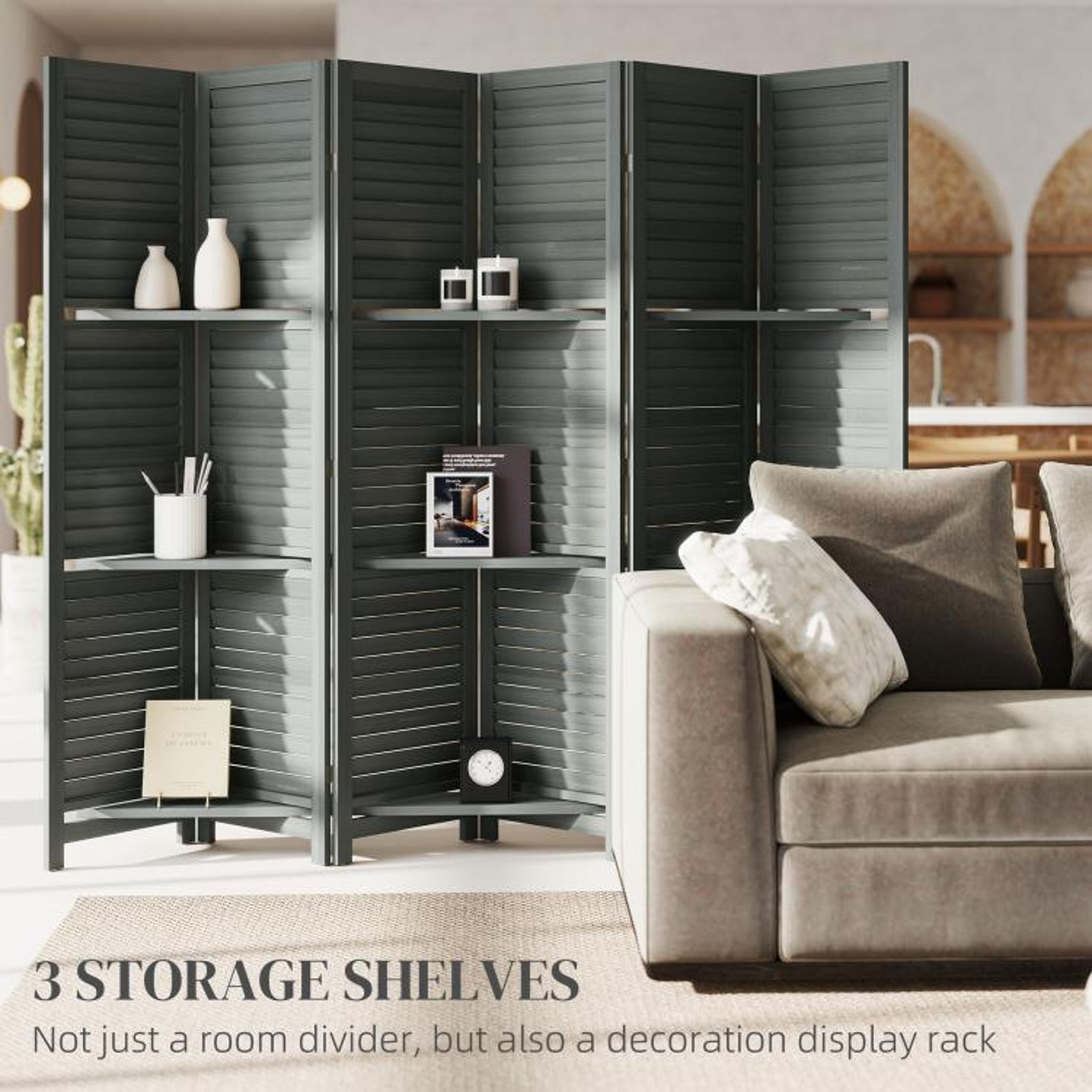 6Panel Wood Room Divider With 3 Removable Shelves   Gray Privacy Screen 5