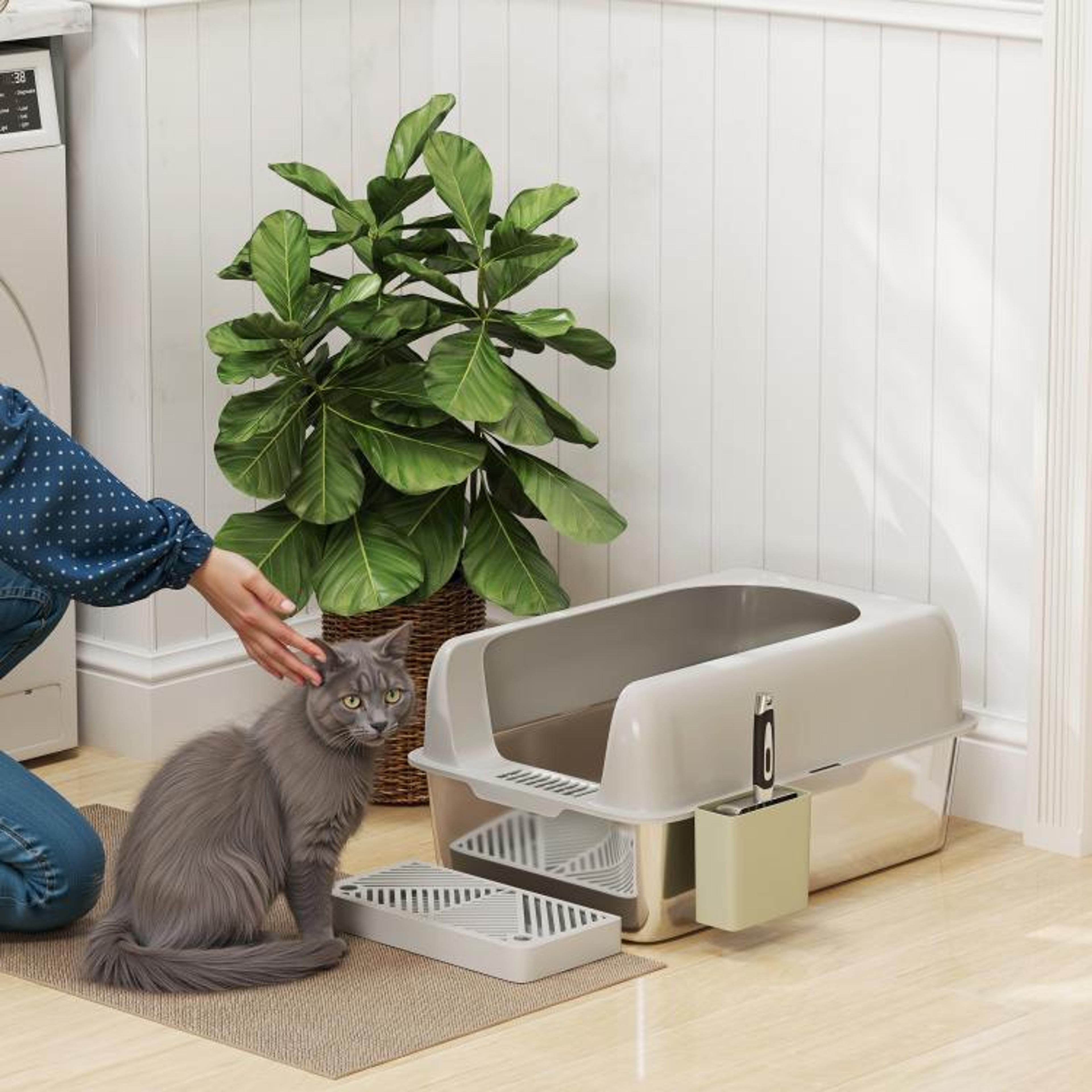 High Sided Stainless Steel Cat Litter Box With Scoop And Holder  Light Gray 2