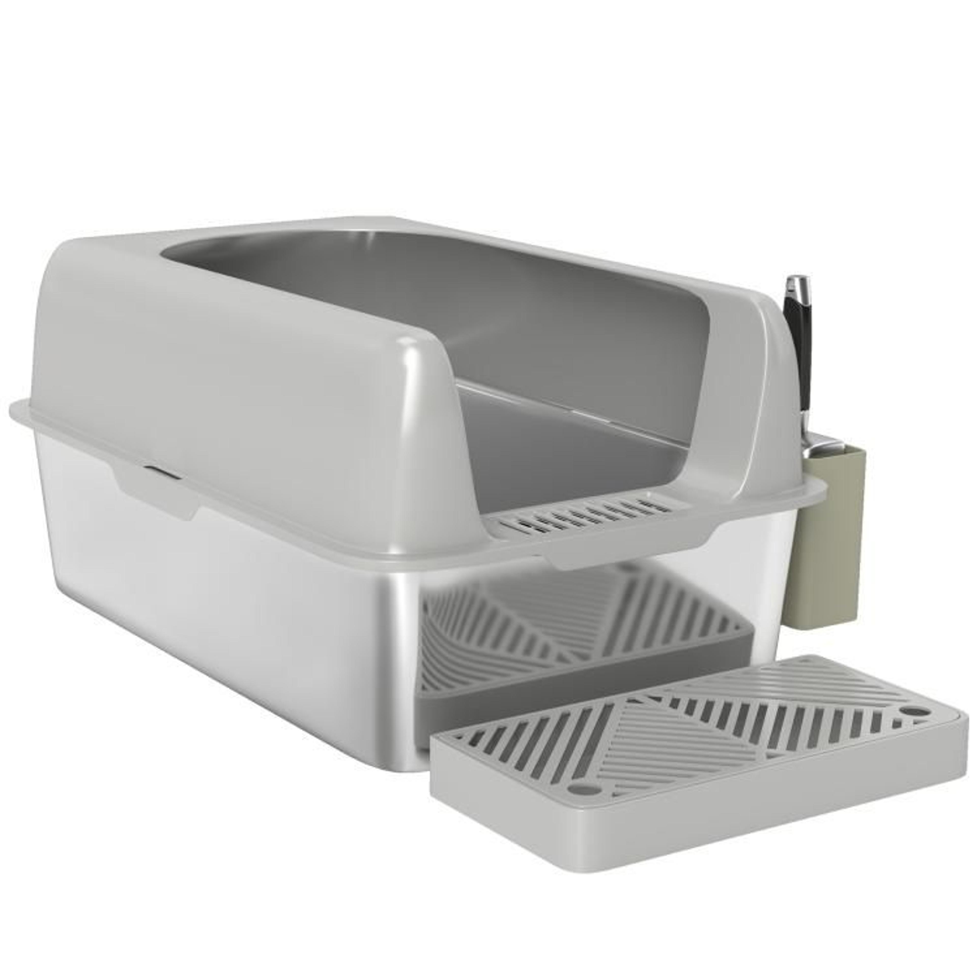 High Sided Stainless Steel Cat Litter Box With Scoop And Holder  Light Gray 1