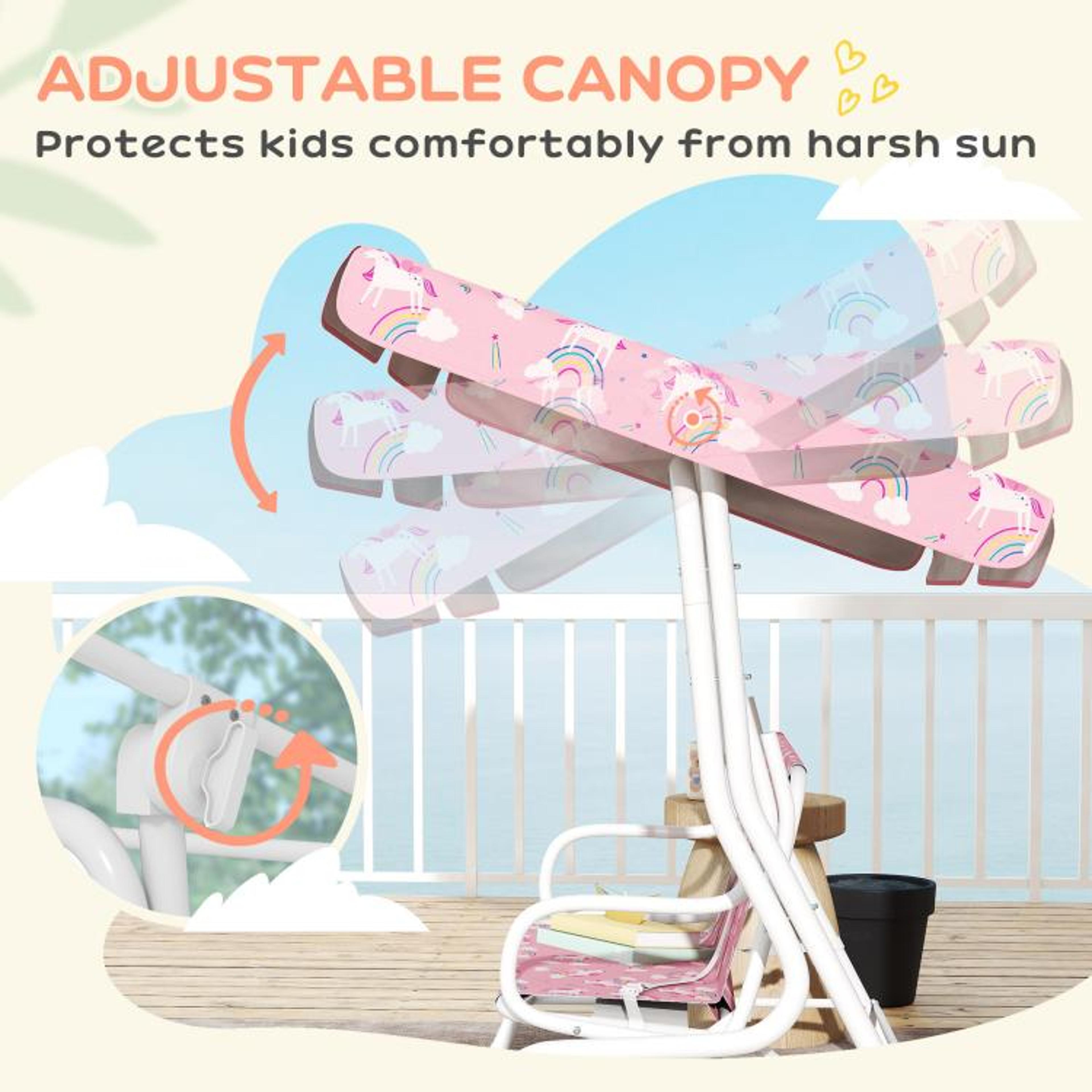 Kids 2Seater Outdoor Porch Swing With Adjustable Canopy And Safety Belts  Pink 6