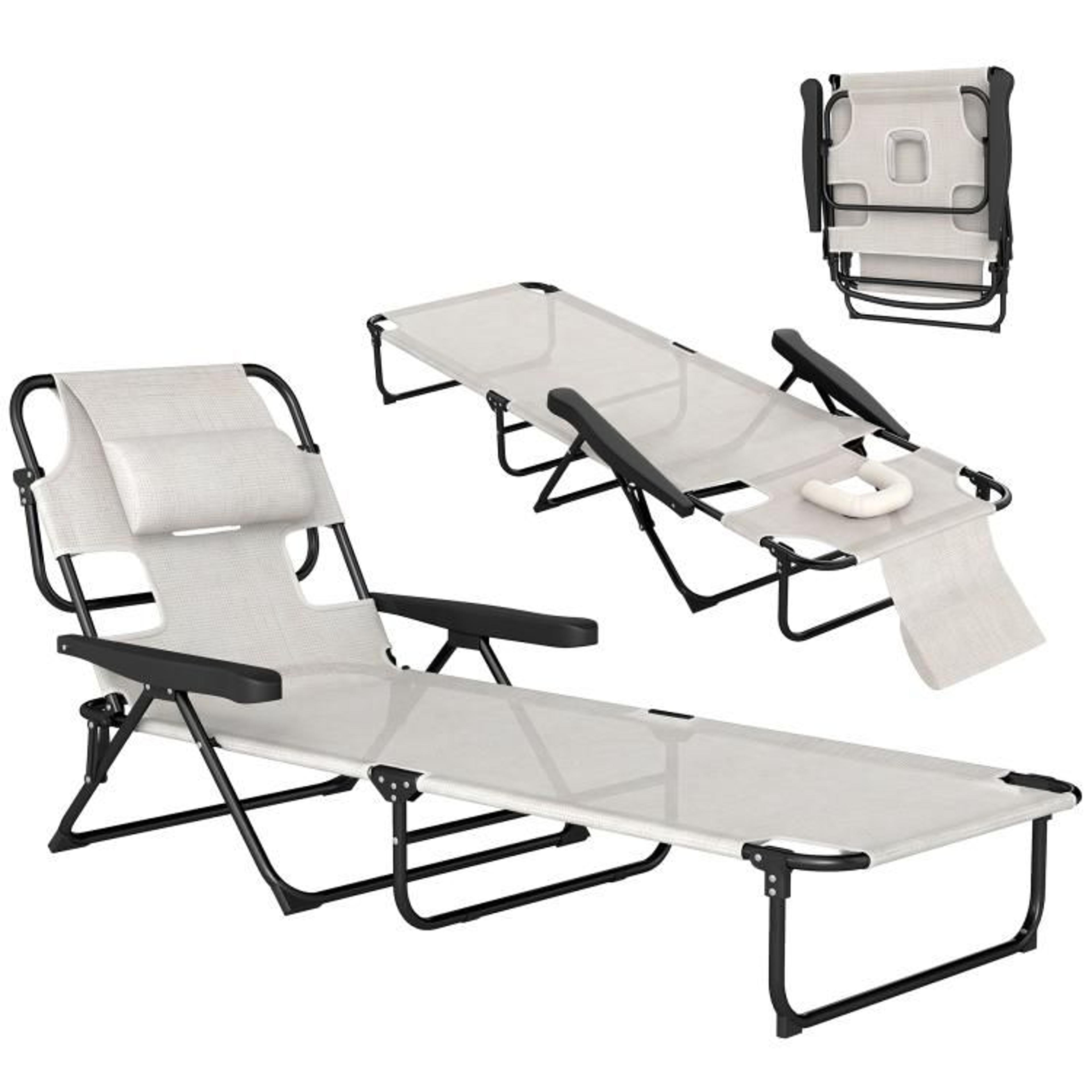 folding lounge chair with 4-position reclining back and face hole cream white