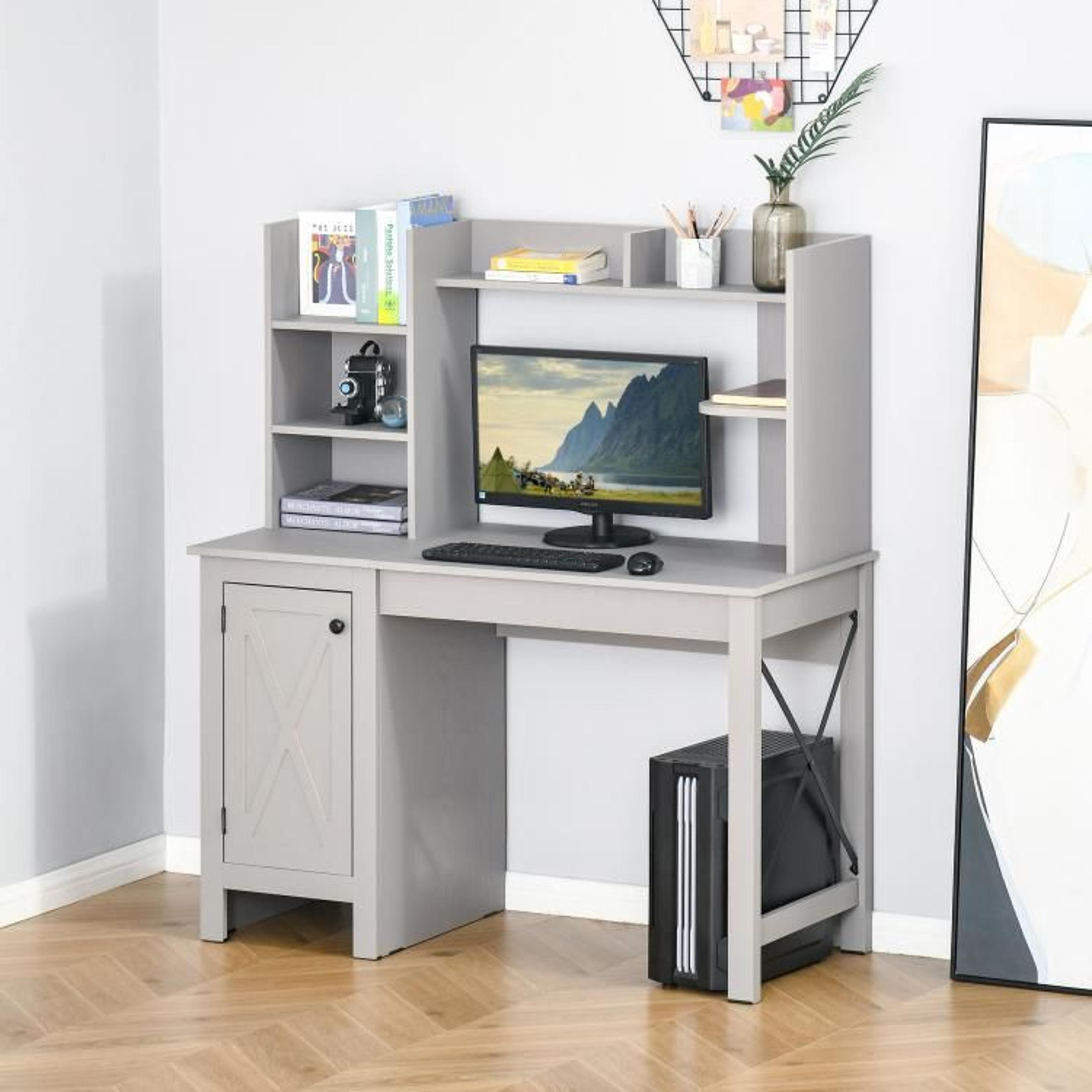 Farmhouse Computer Desk With Hutch And Storage Cabinet Light Grey 3