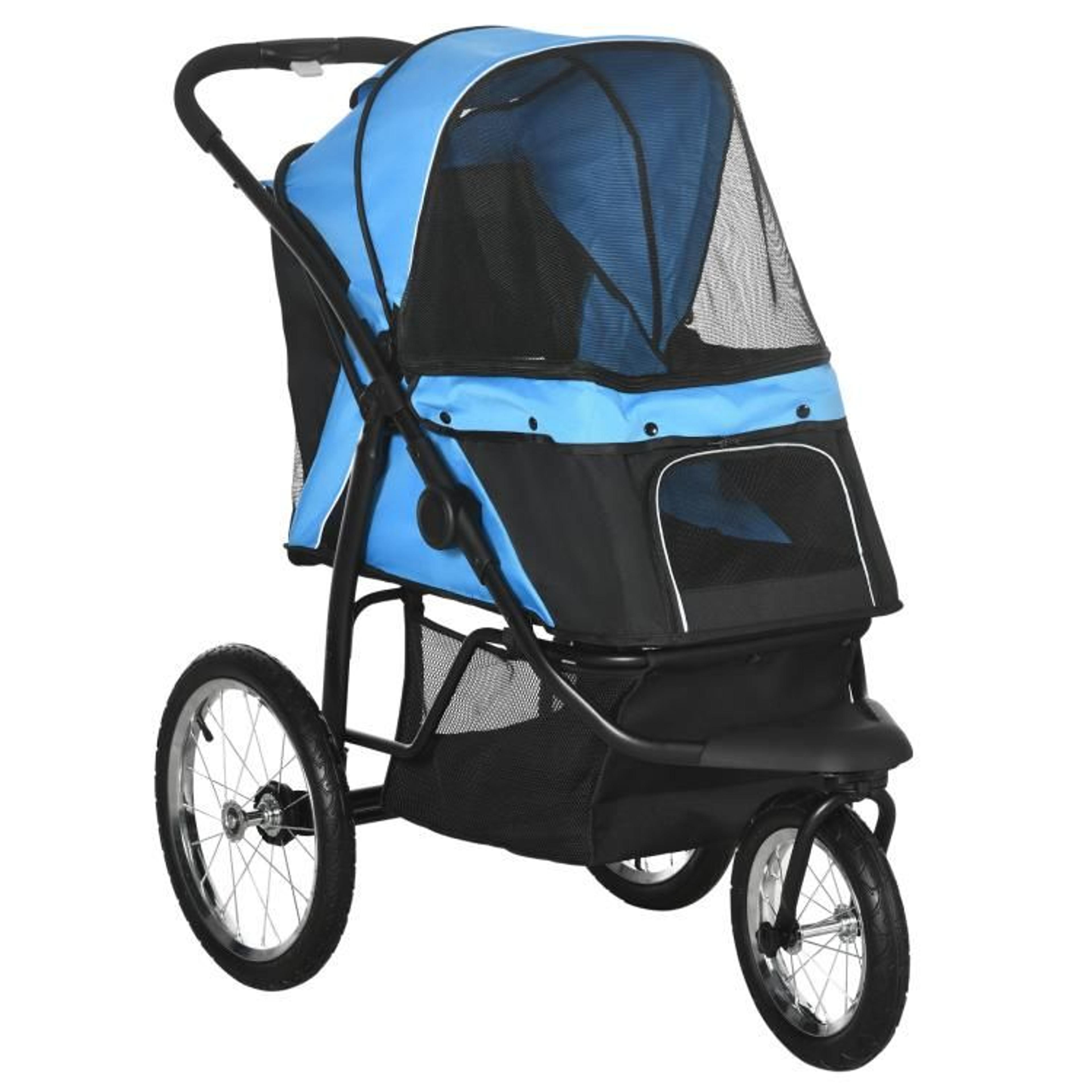 3-wheel pet stroller for small and medium dogs with adjustable canopy blue