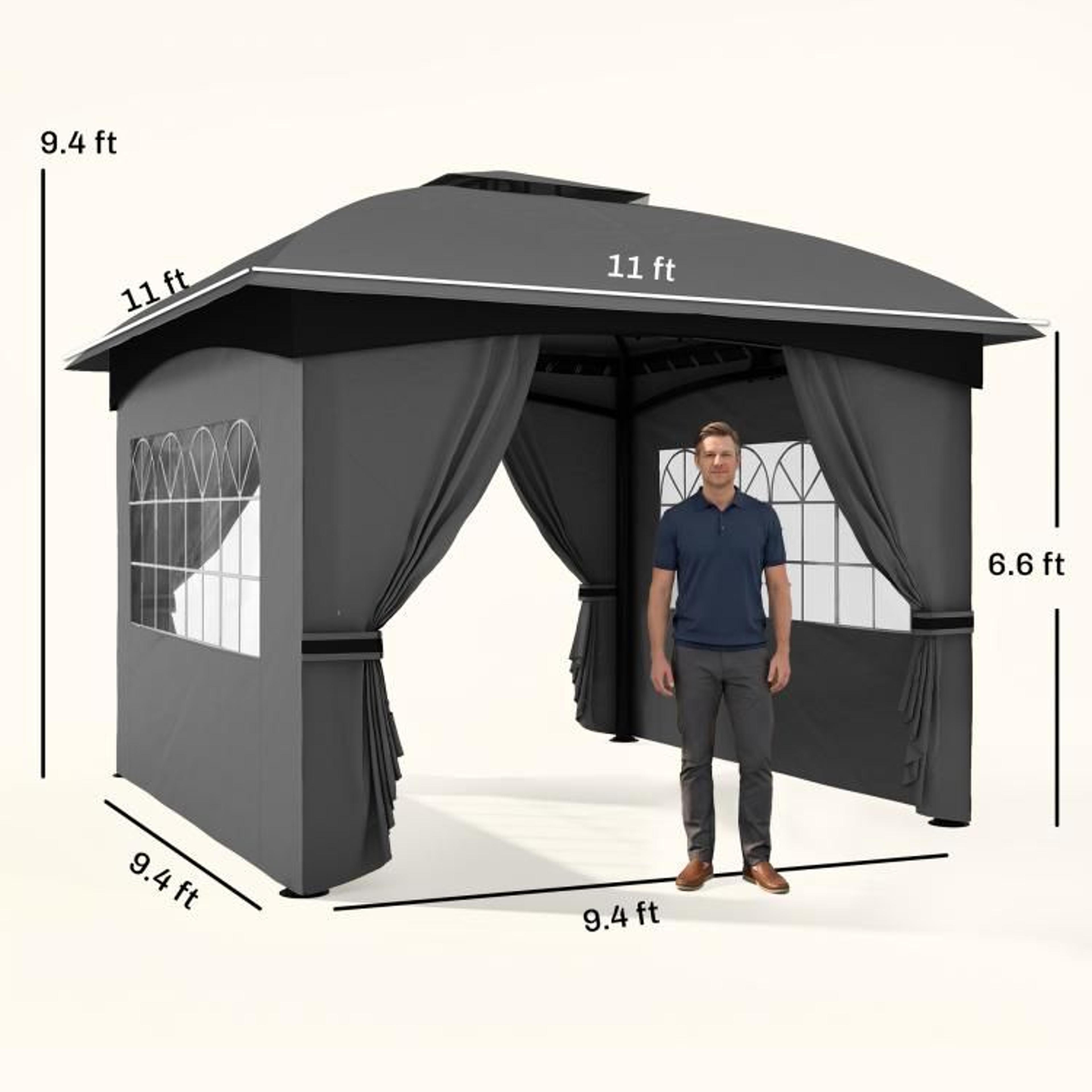 11 X 11 Ft Outdoor Patio Gazebo With Double Roof And Curtains  Dark Gray 4