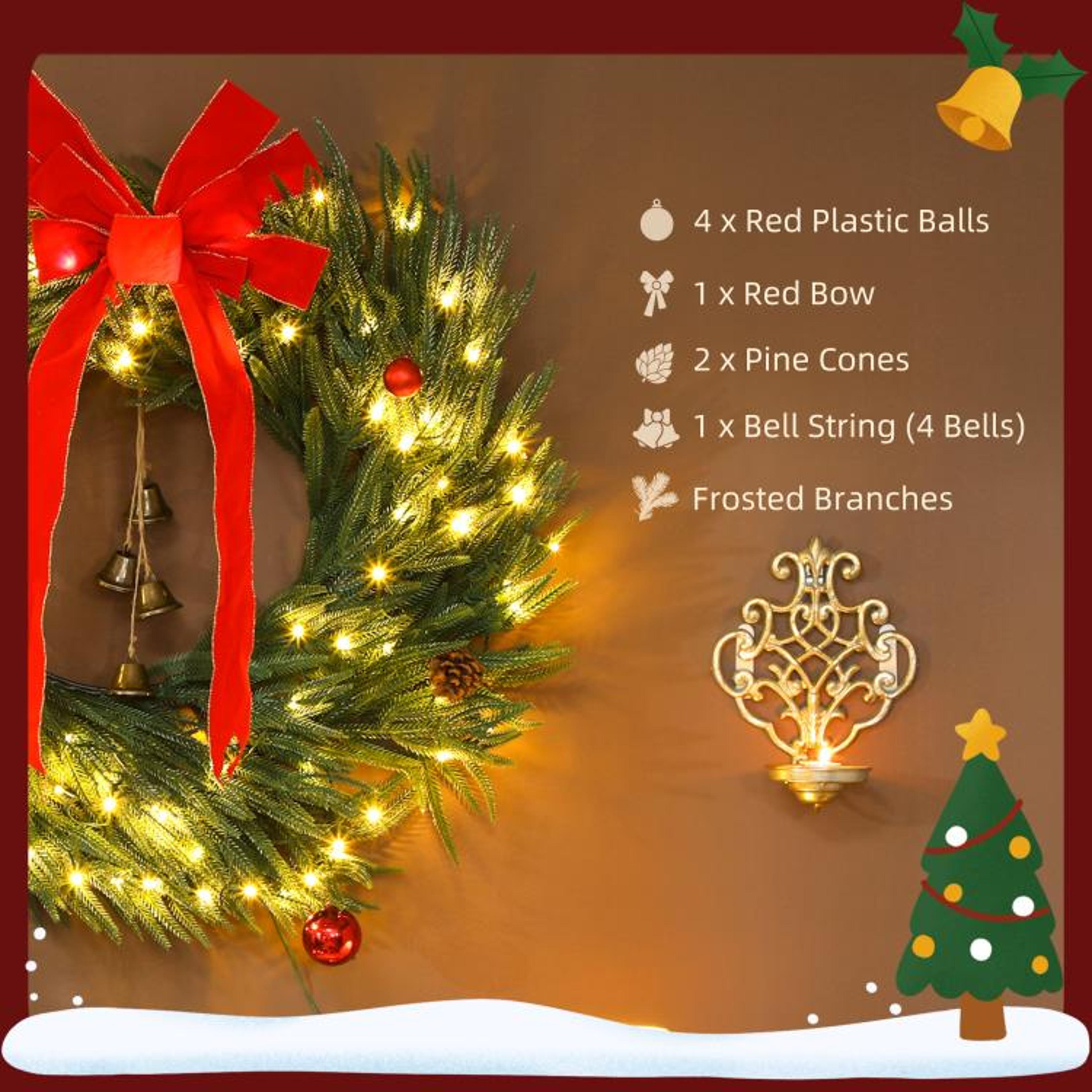 36 Inch Prelit Christmas Wreath With 100 Warm White LED Lights And Red Bow 5