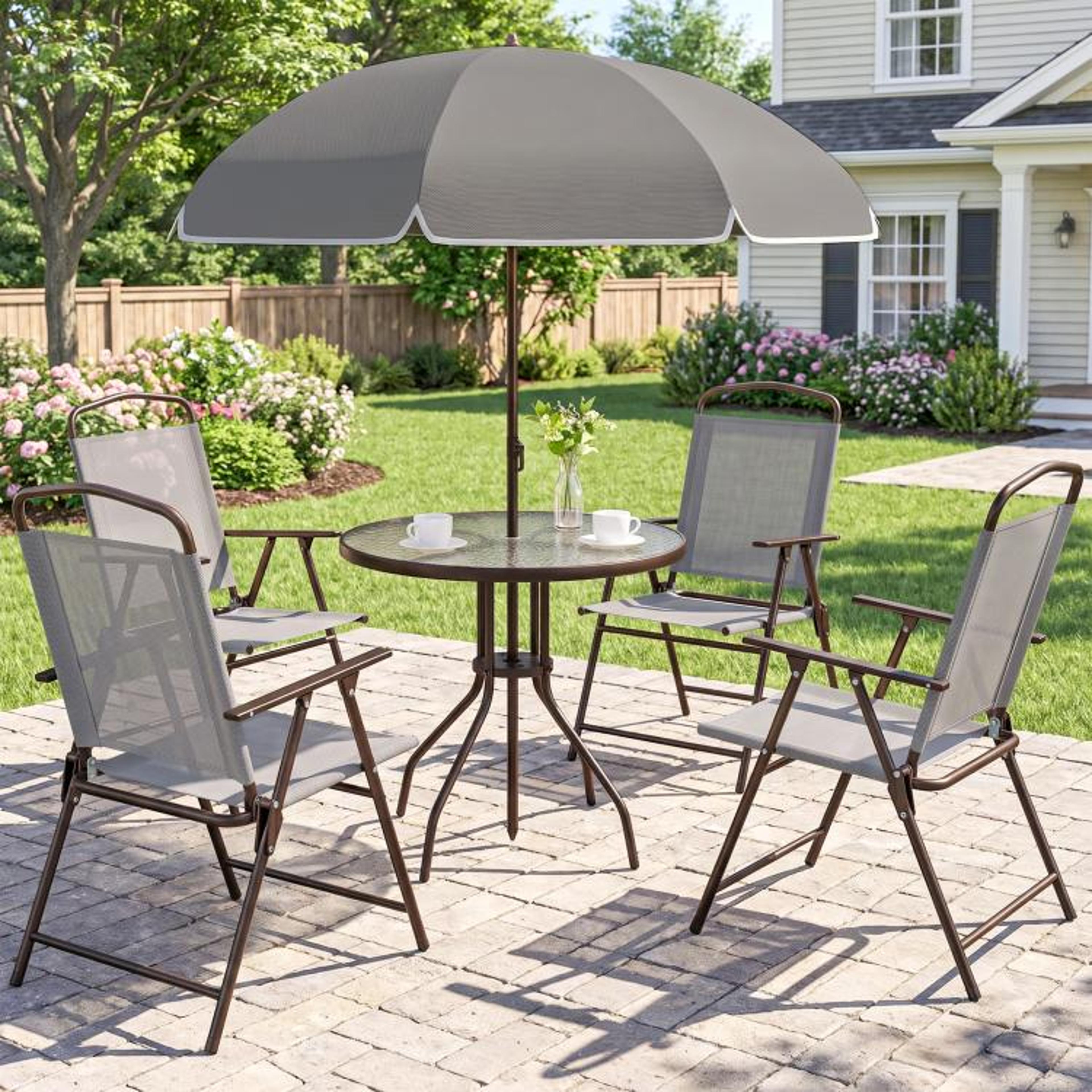 Patio Dining Set For 4 With Umbrella And Folding Chairs  Gray 3