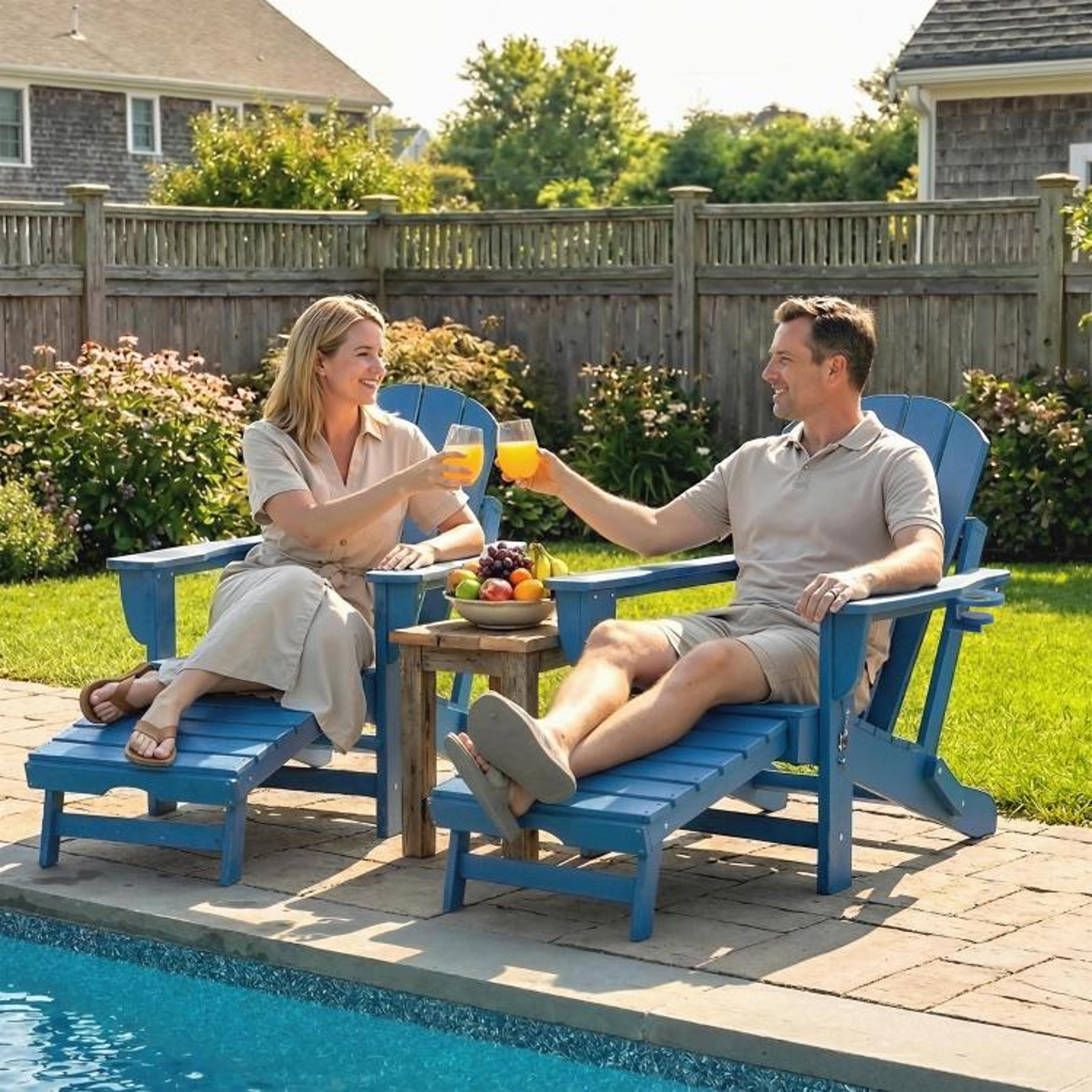 Folding Adirondack Chairs Set Of 2 With Retractable Footrests And Cup Holders  Blue 3