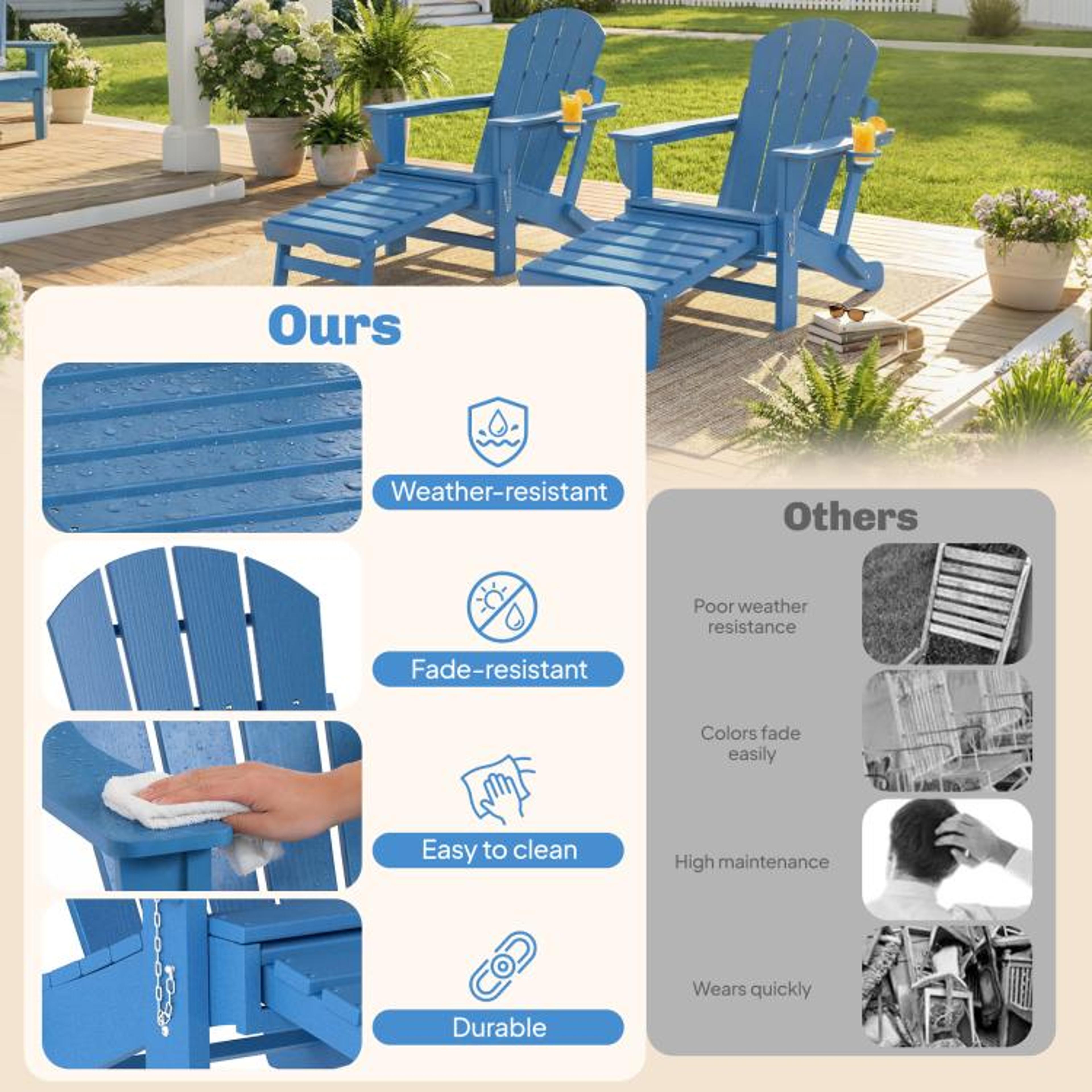 Folding Adirondack Chairs Set Of 2 With Retractable Footrests And Cup Holders  Blue 6
