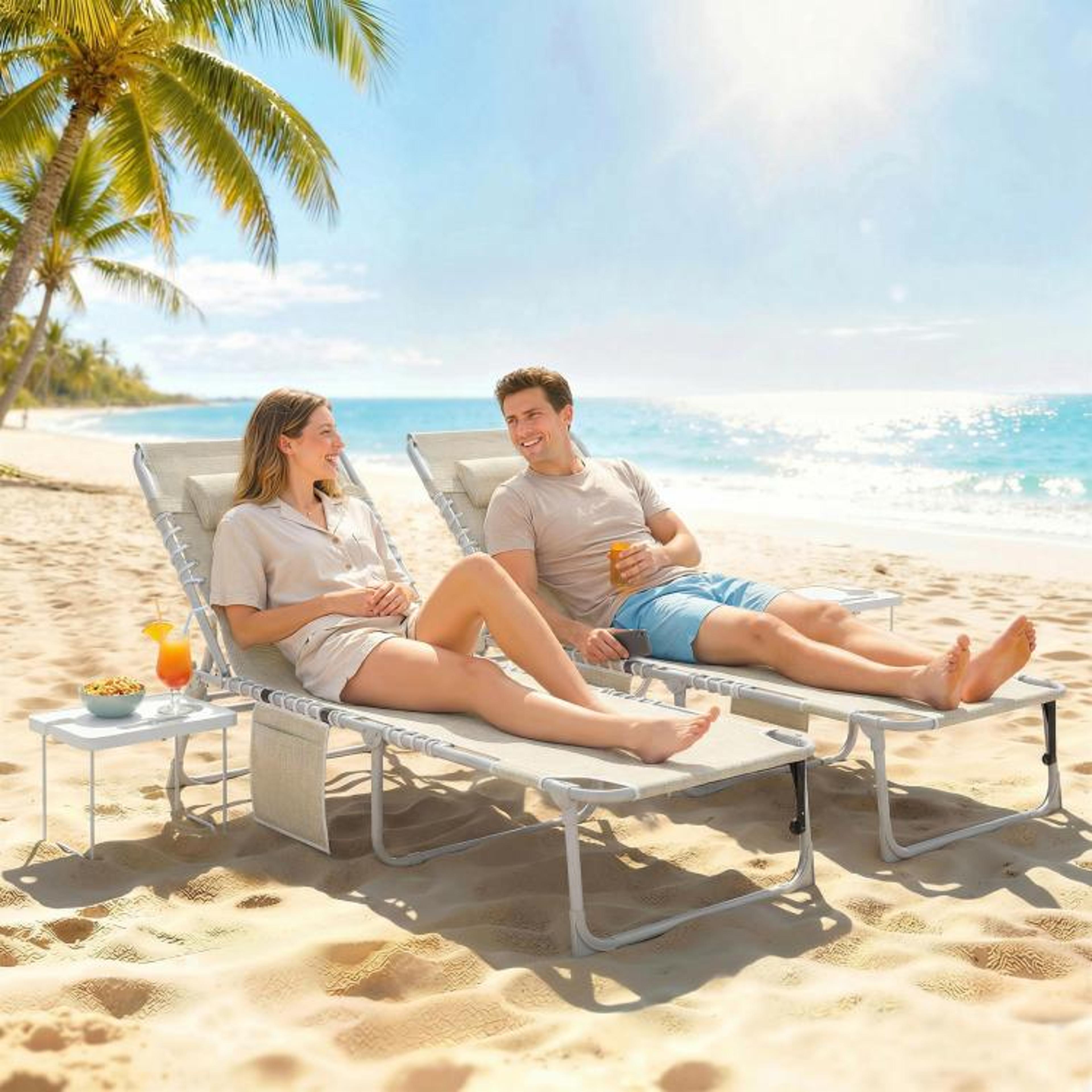 Set Of 2 Folding Tanning Lounge Chairs With Face Holes And Side Tables  Beige 3