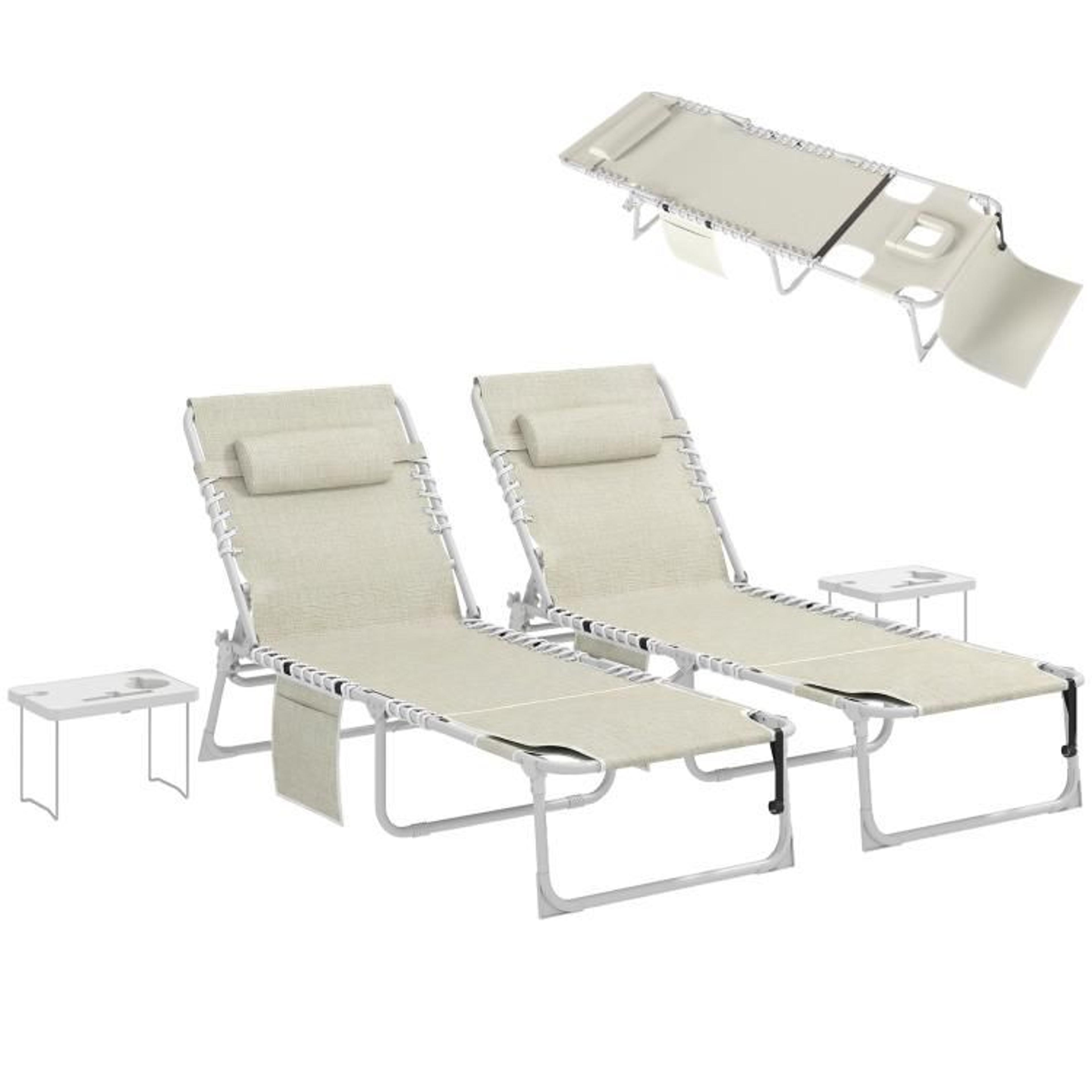 Set Of 2 Folding Tanning Lounge Chairs With Face Holes And Side Tables  Beige 1