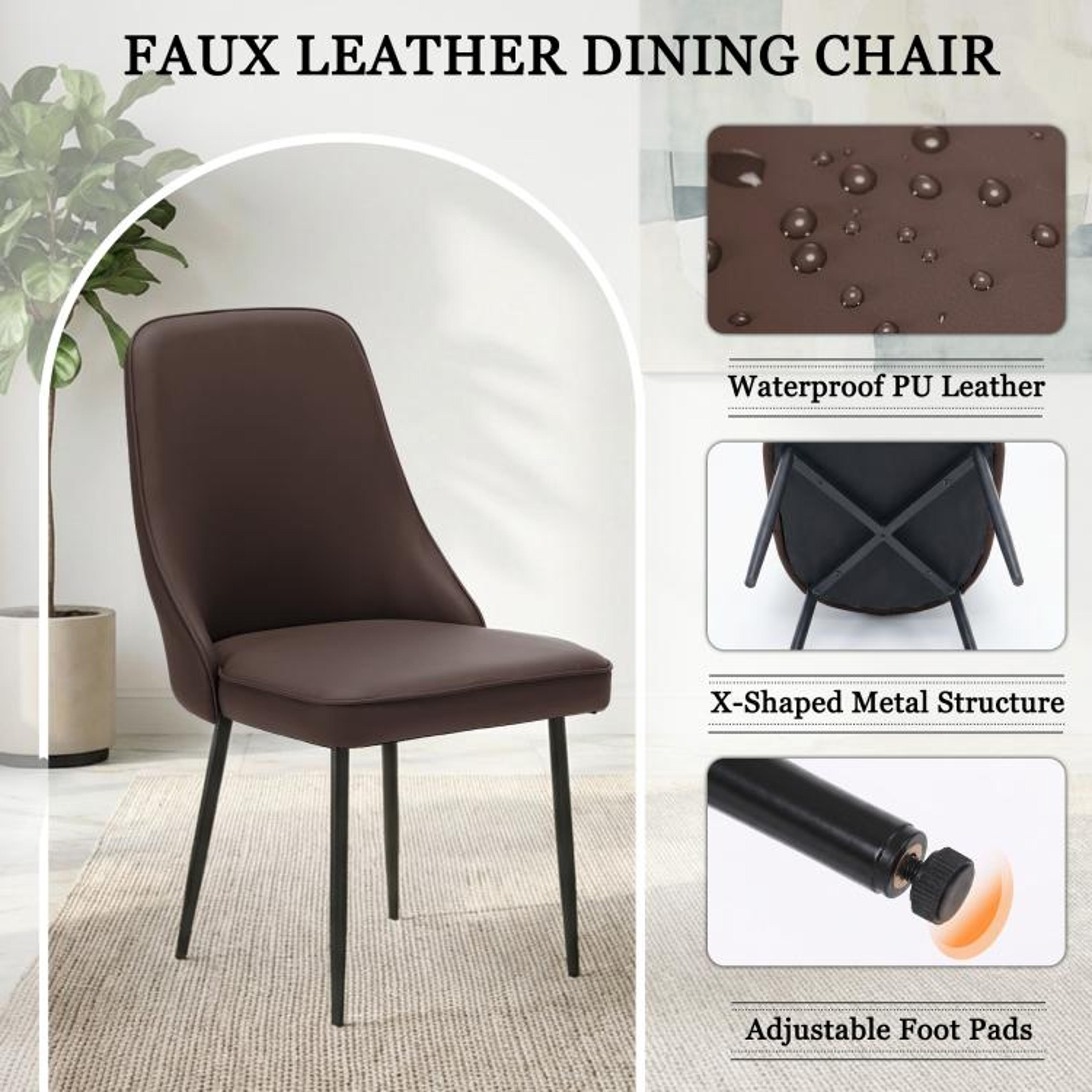 Modern Dining Chairs Set Of 2  Brown Faux Leather Upholstered High Back Chairs 5