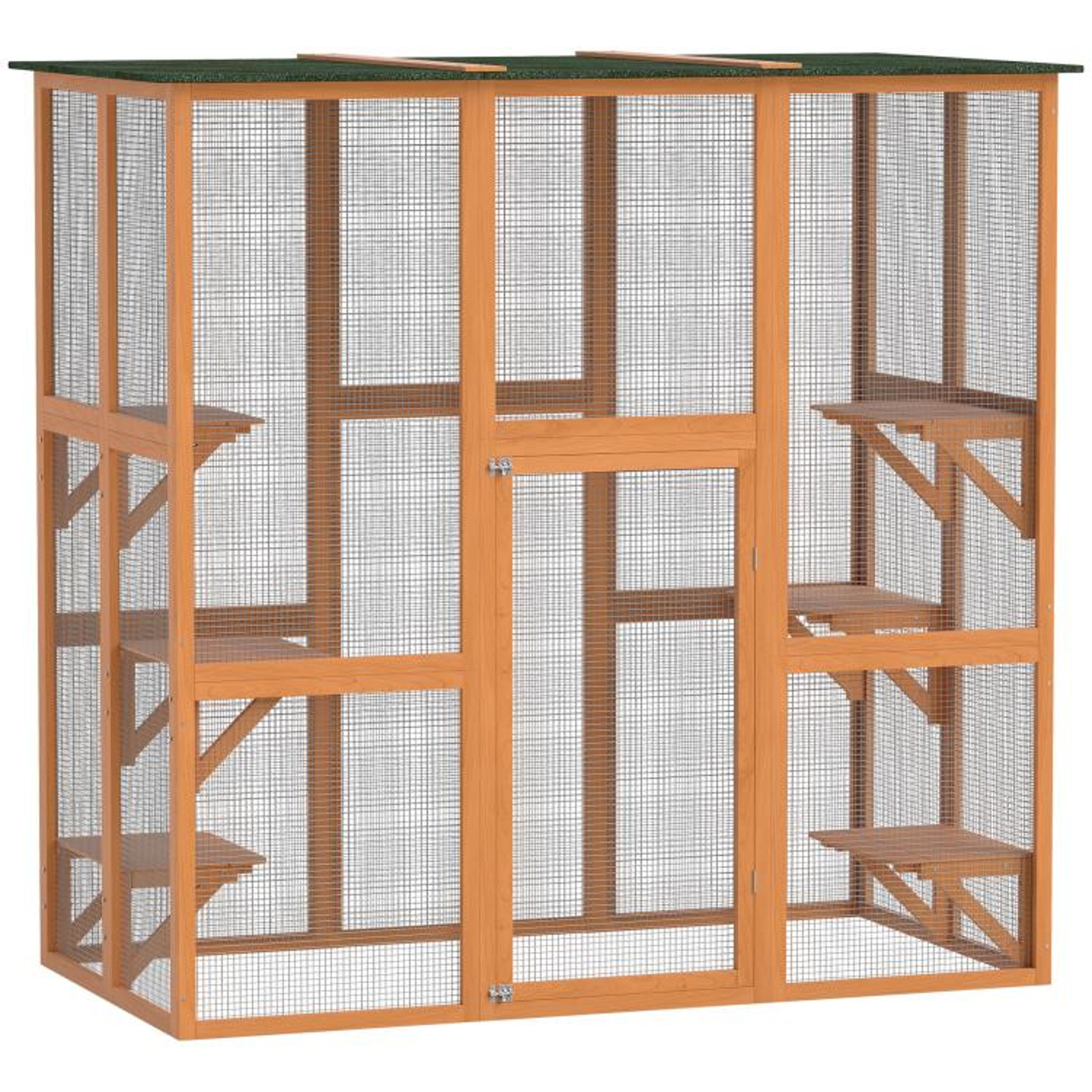 outdoor wooden cat house with 6-level platforms and weather-resistant roof
