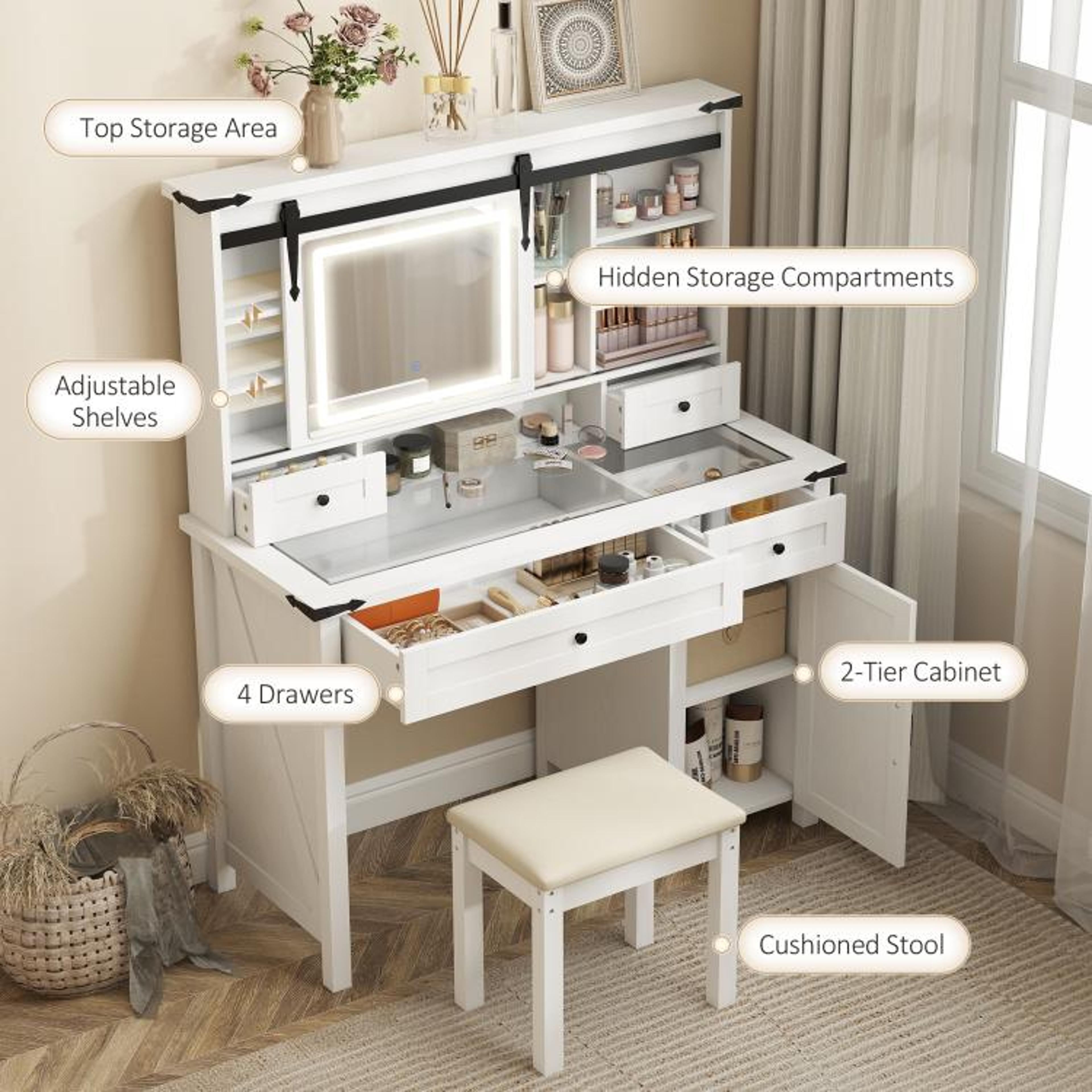 Makeup Vanity Desk Set With LED Mirror And Cushioned Stool White Farmhouse Style 5