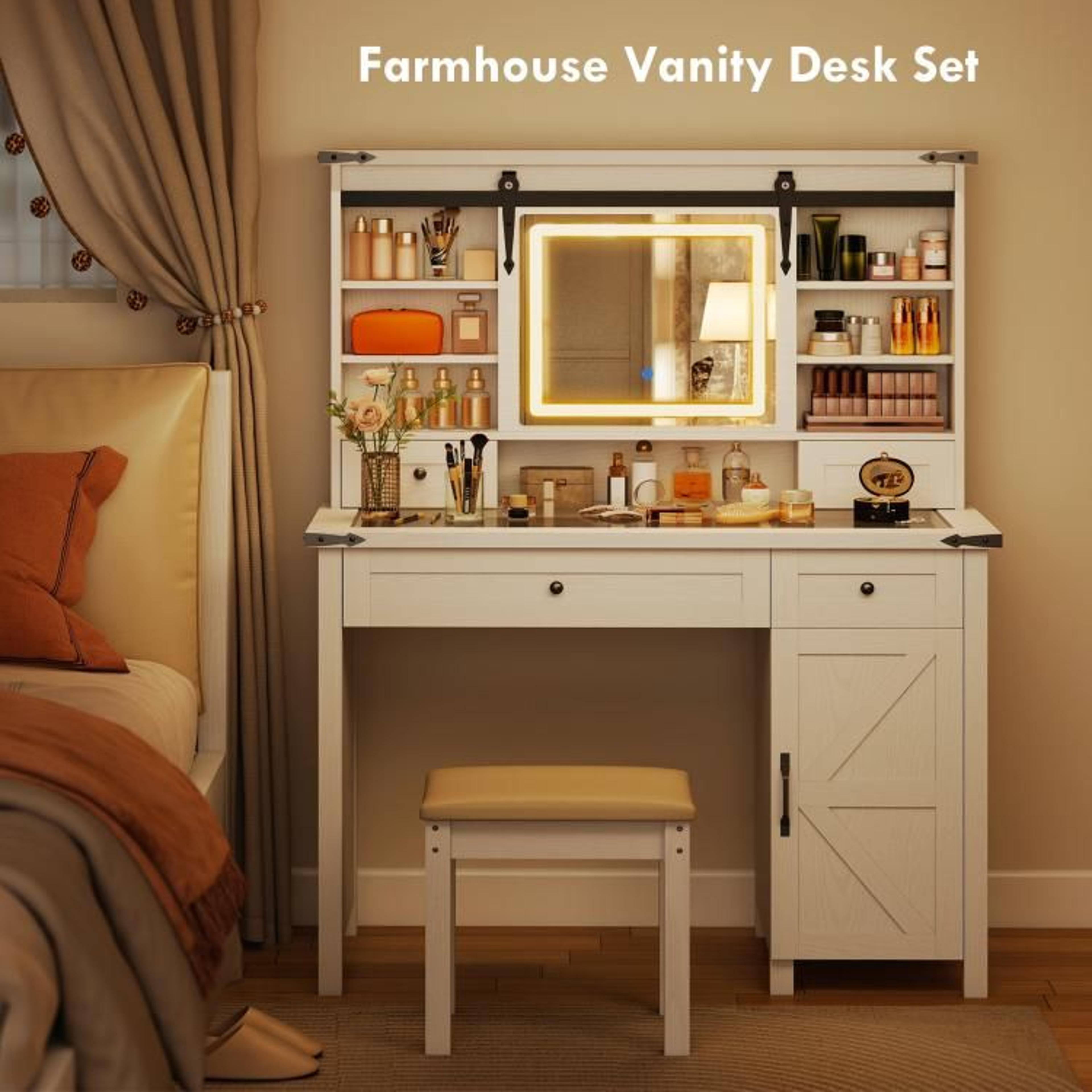 Makeup Vanity Desk Set With LED Mirror And Cushioned Stool White Farmhouse Style 6