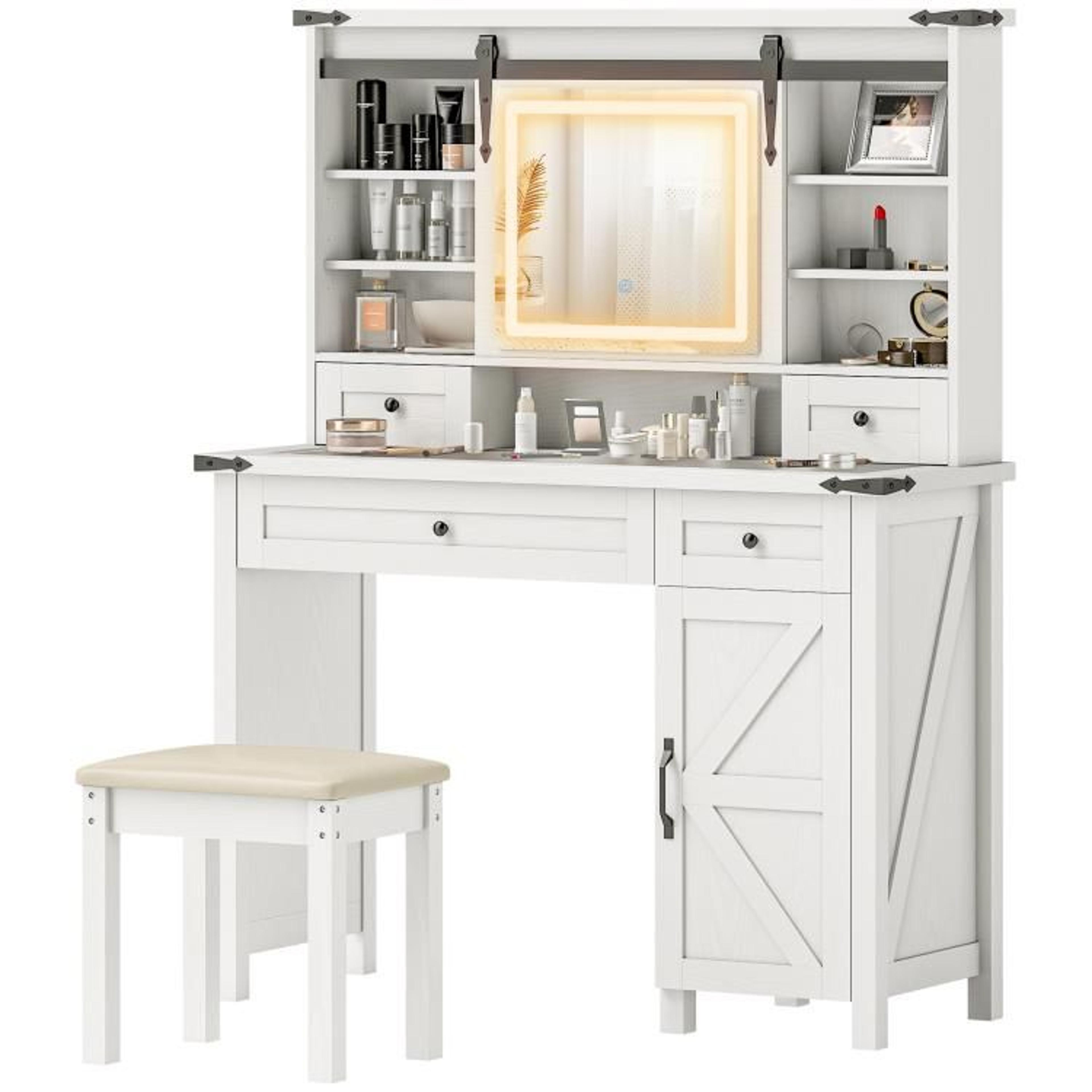 Makeup Vanity Desk Set With LED Mirror And Cushioned Stool White Farmhouse Style 1
