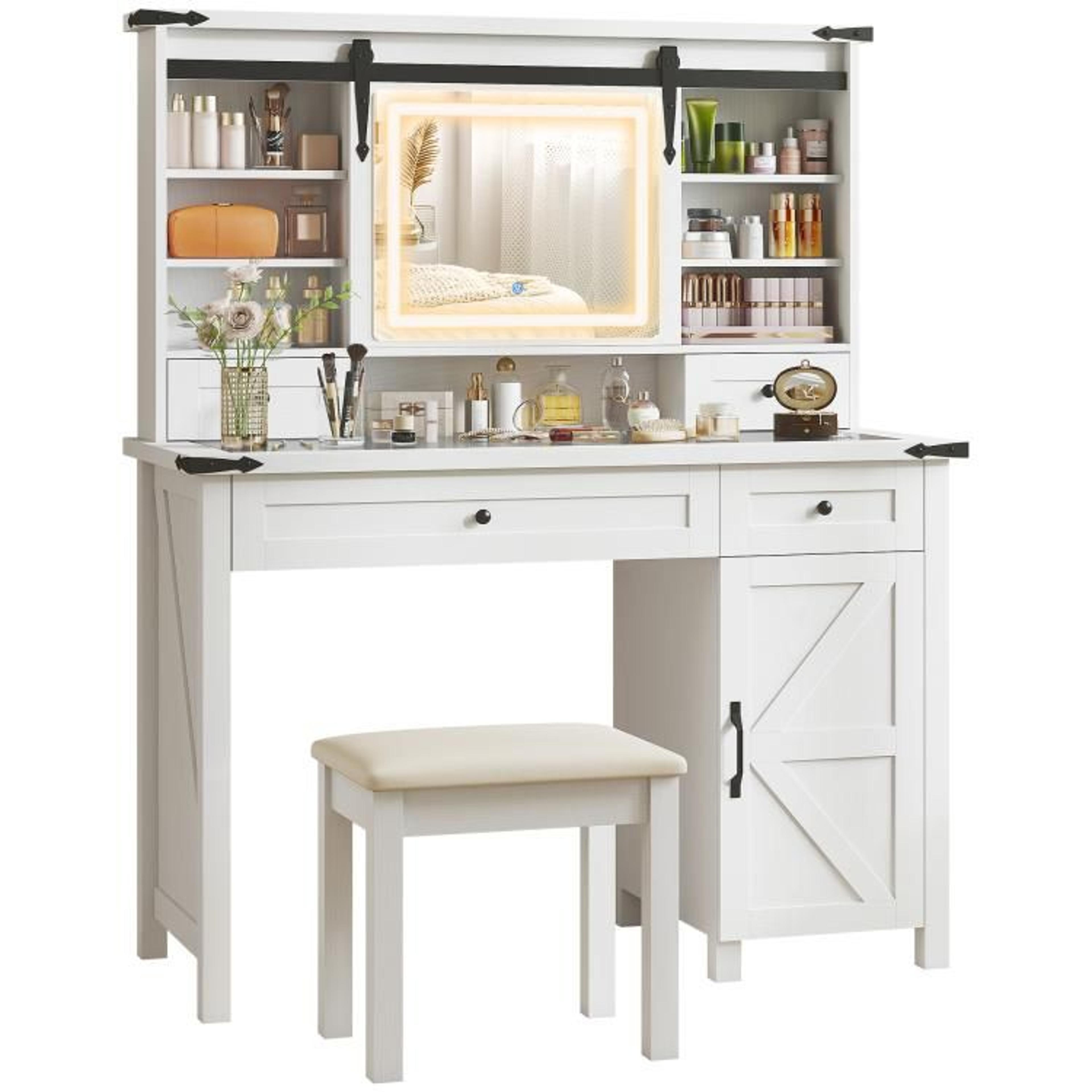 makeup vanity desk set with led mirror and cushioned stool white farmhouse style