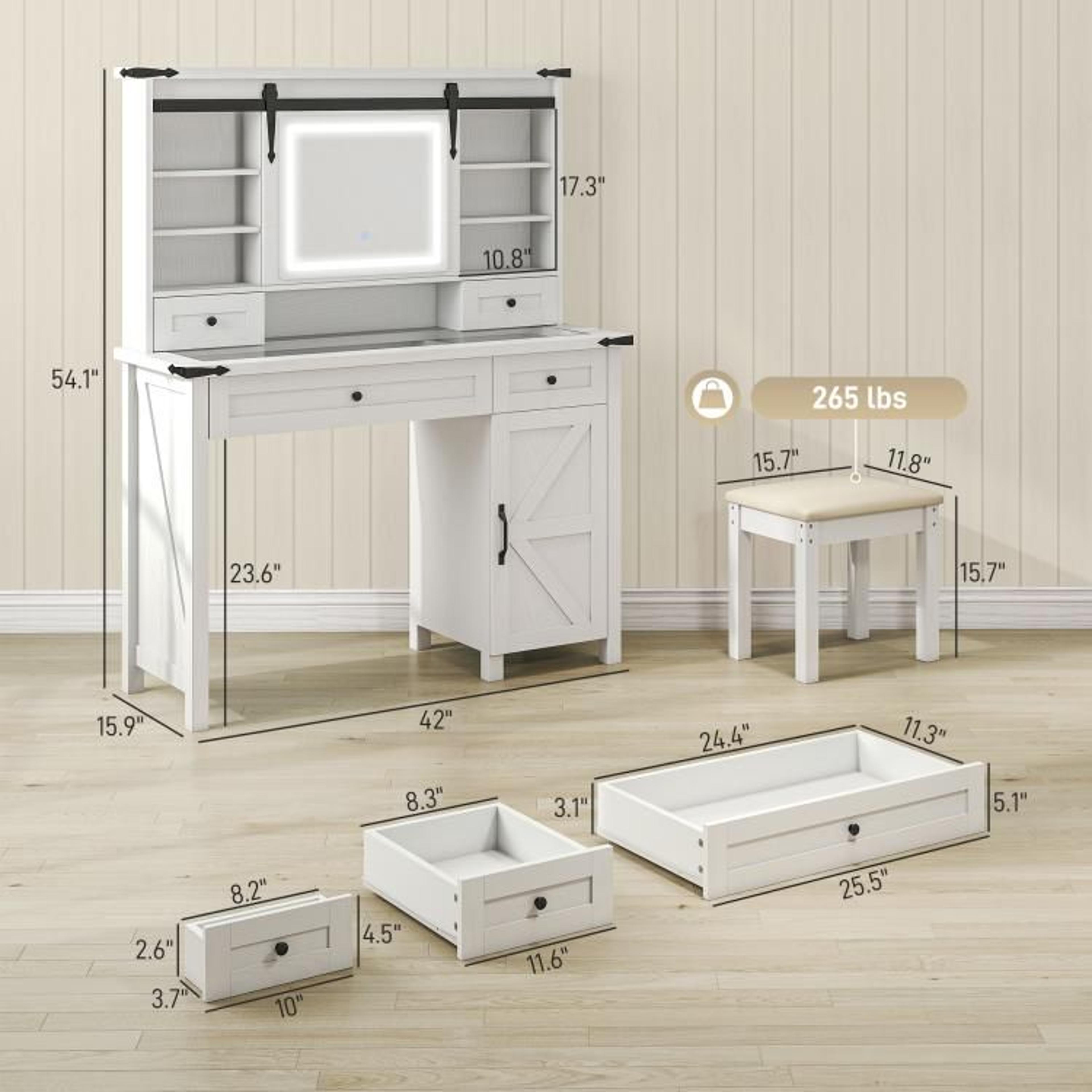 Makeup Vanity Desk Set With LED Mirror And Cushioned Stool White Farmhouse Style 4