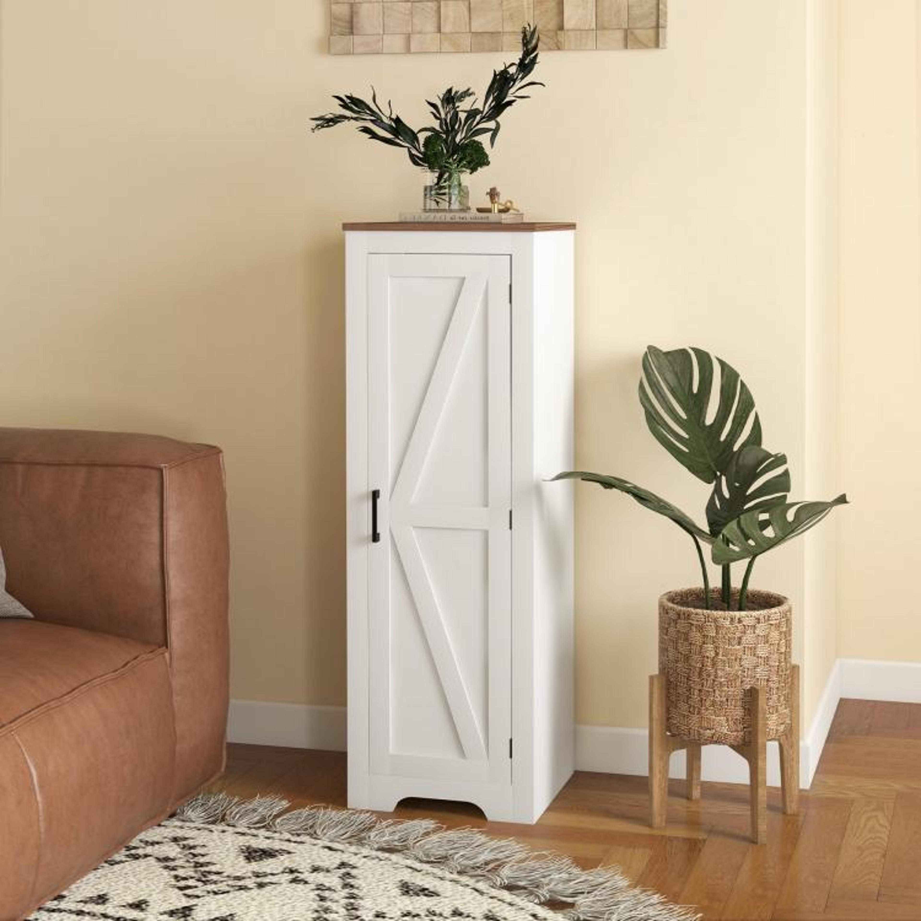 Farmhouse Storage Cabinet With Barn Door And Adjustable Shelves In White 2