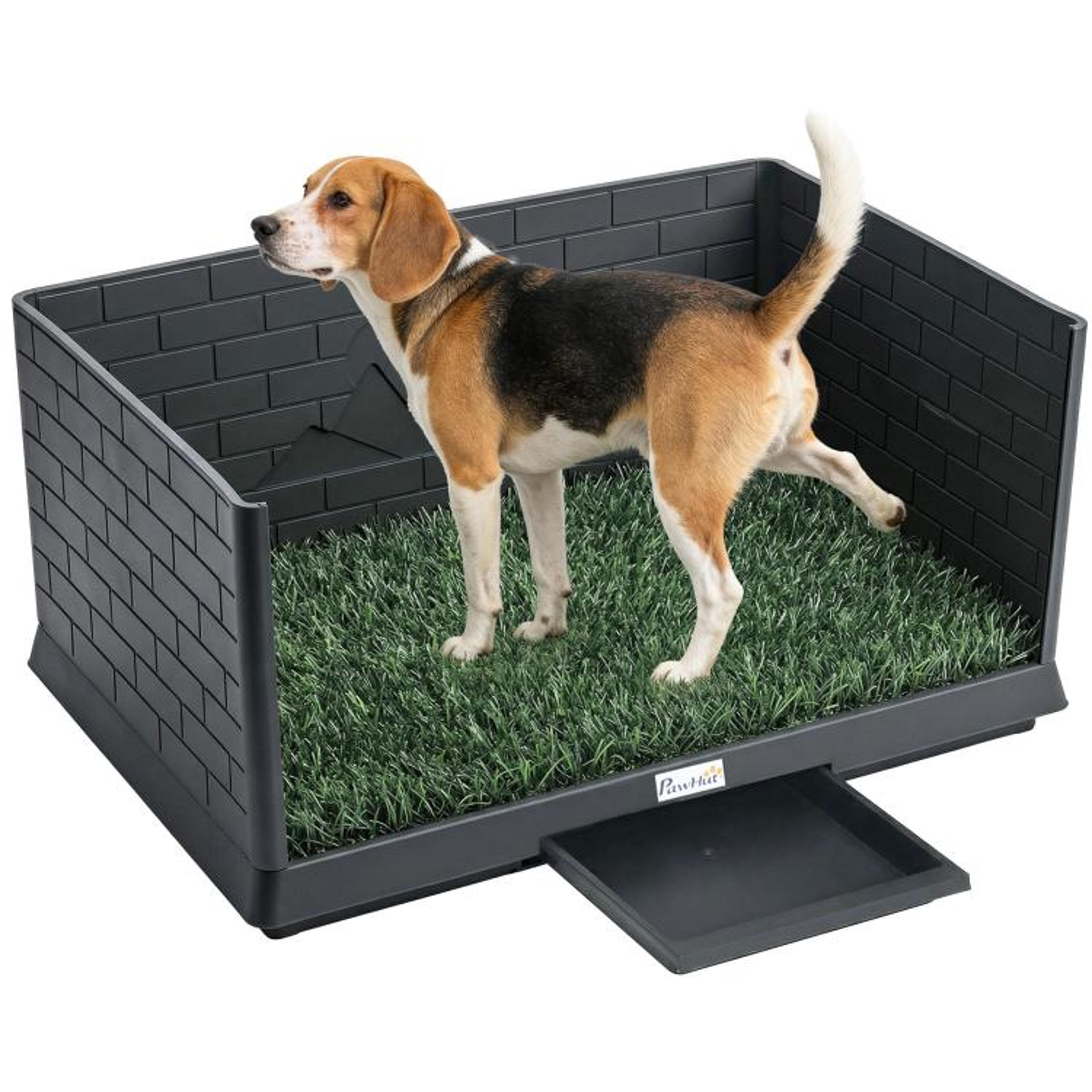 dog grass potty pad with high walls and slide-out tray for indoor training