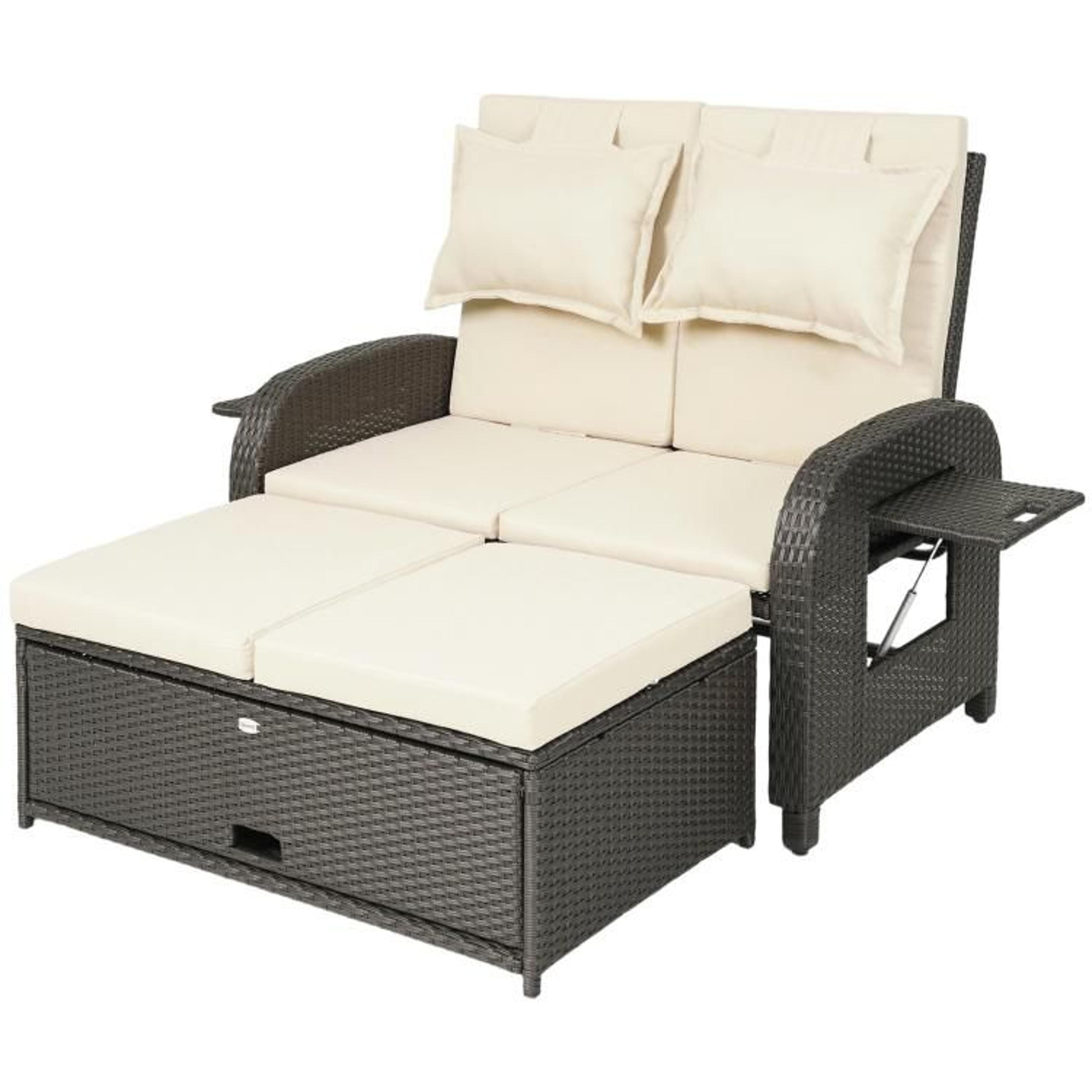 outdoor rattan daybed with storage ottoman and adjustable backrest beige