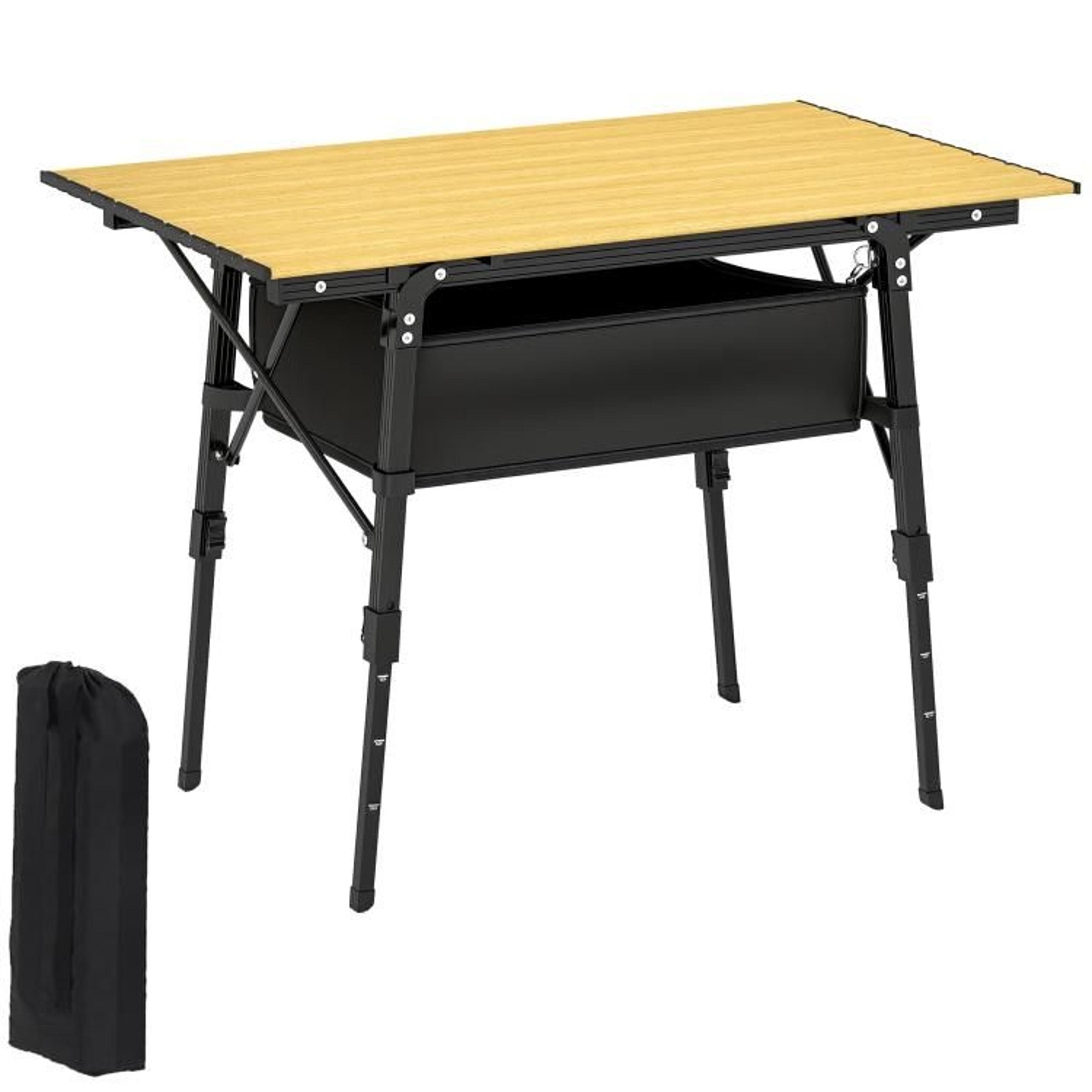 portable aluminum folding camping table with adjustable height and storage basket