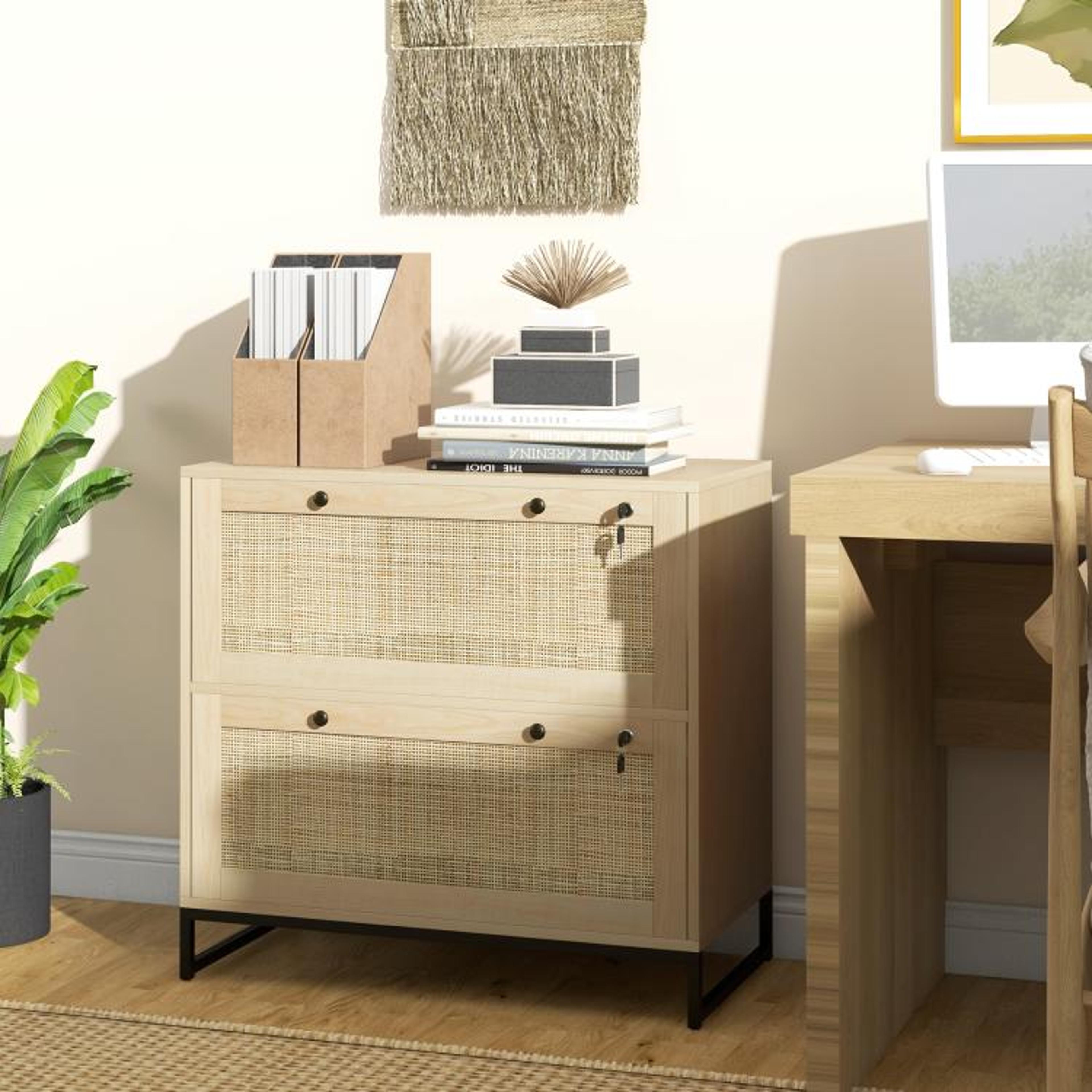 Lockable 2Drawer File Cabinet With Boho Rattan Design And Adjustable Hanging Bars 3